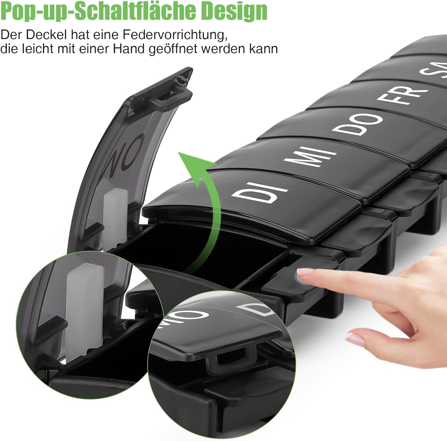 Thumbnail 1 de Opret Tablettenbox 7 Tage Deutsch – BPA-freie Wochen-Pillendose mit Federvorrichtung