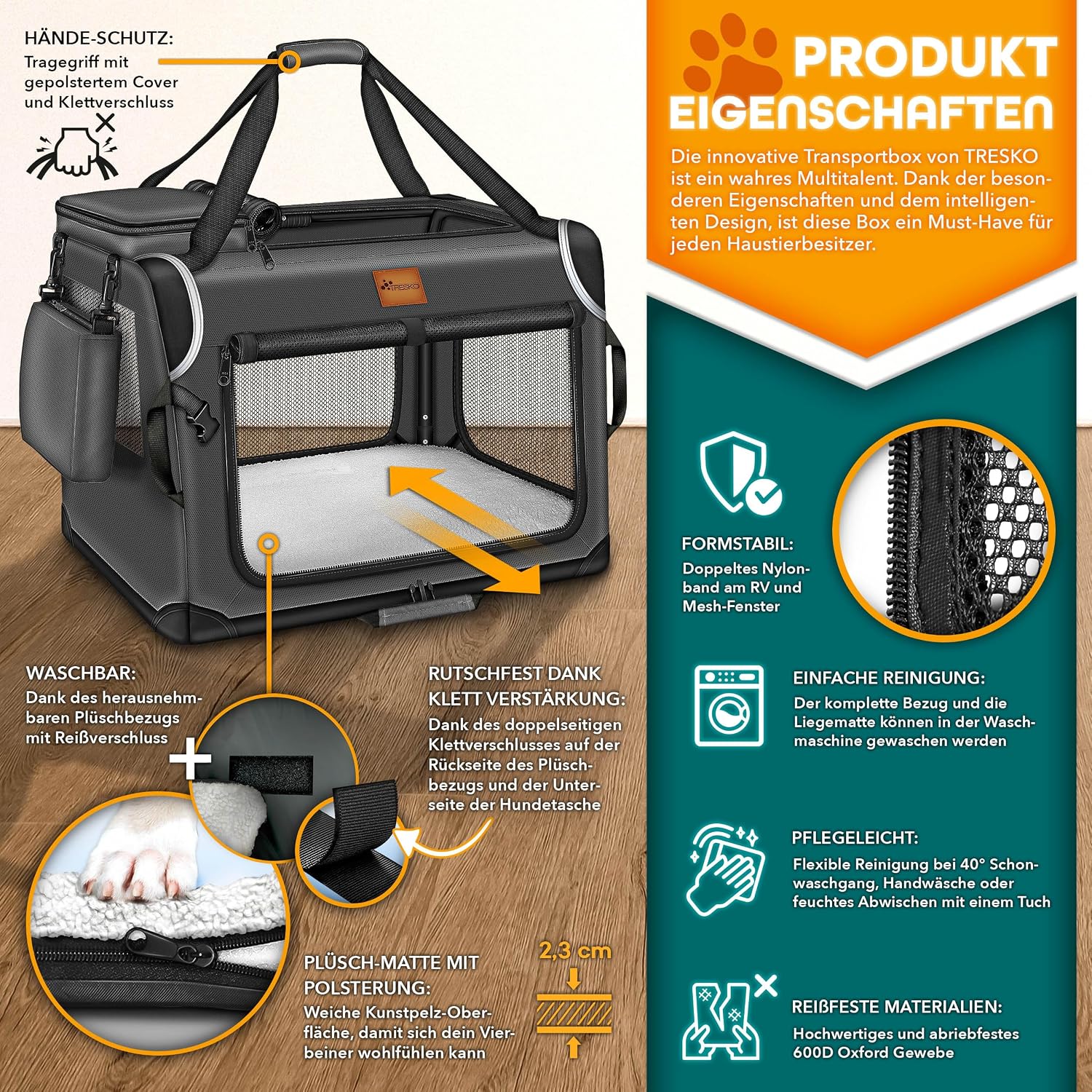 Detalle 2 de TRESKO® faltbare Hundebox XXXL 102x69x69 cm mit Leckmatte, Spatel & Reflektoren