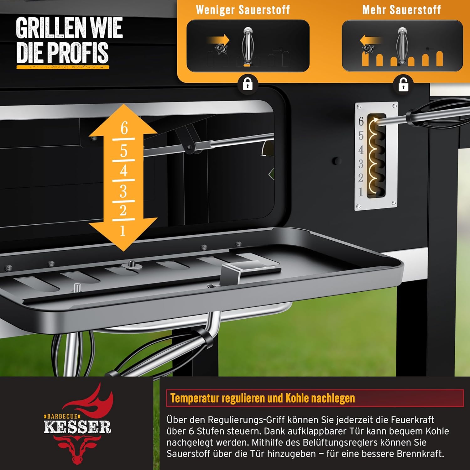 Detalle 2 de KESSER® Holzkohlegrill XXL Grillwagen Set mit Deckel & Thermometer – flexibler Grillwagen mit Smoker-Funktion