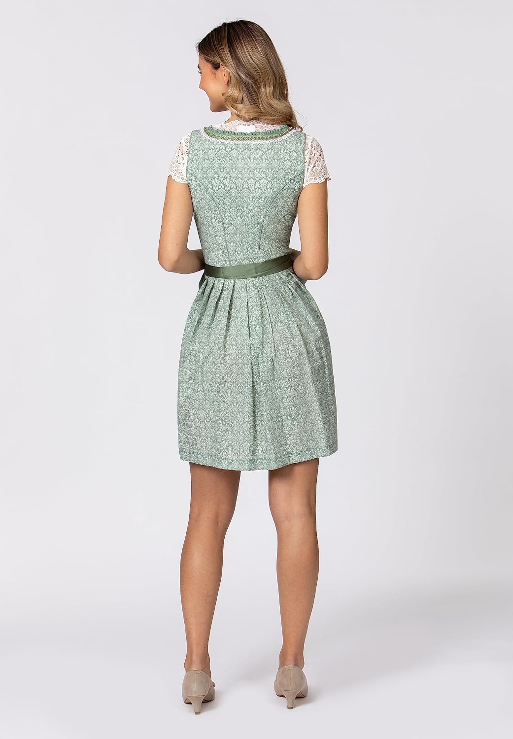 Detalle de Stockerpoint Kim – damski mini dirndl z bawełny, kwiatowym nadrukiem i fartuchem