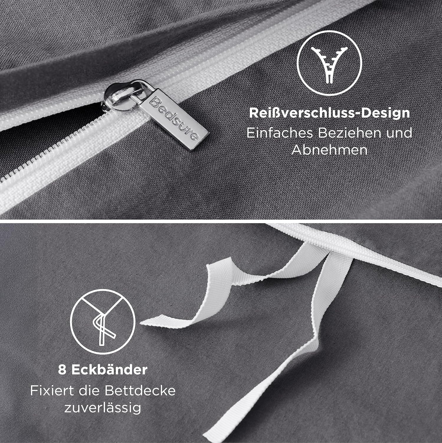 Thumbnail 5 de BEDSURE Bettwäsche 135x200 Baumwolle 4-teilig grau – waschbare Leinen-Textur, Reißverschluss, OEKO-TEX