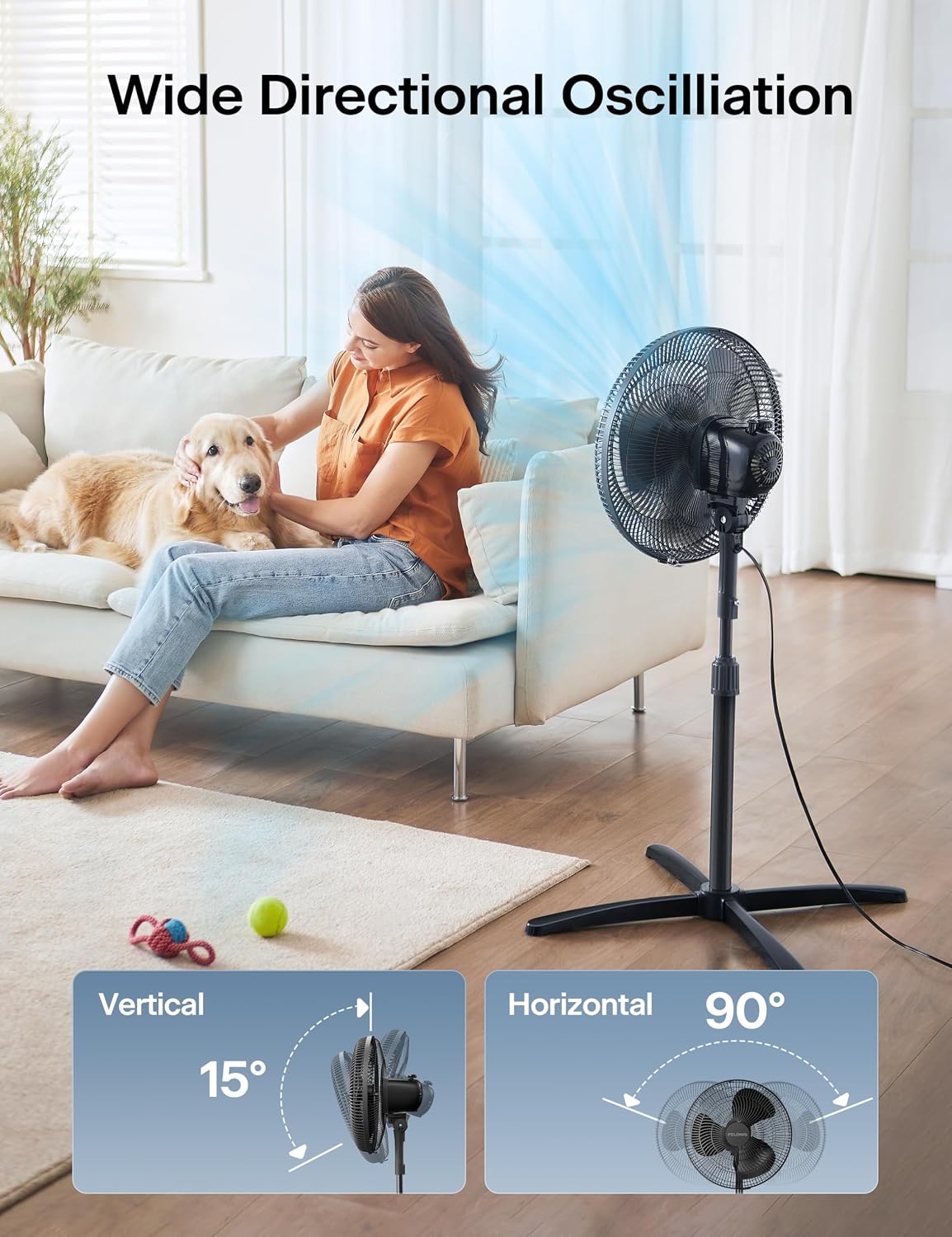 Detalle de PELONIS 16-inch Pedestal Fan with 90° Oscillation, 3 Speeds & Adjustable Height (Black) for Bedroom and Home Office