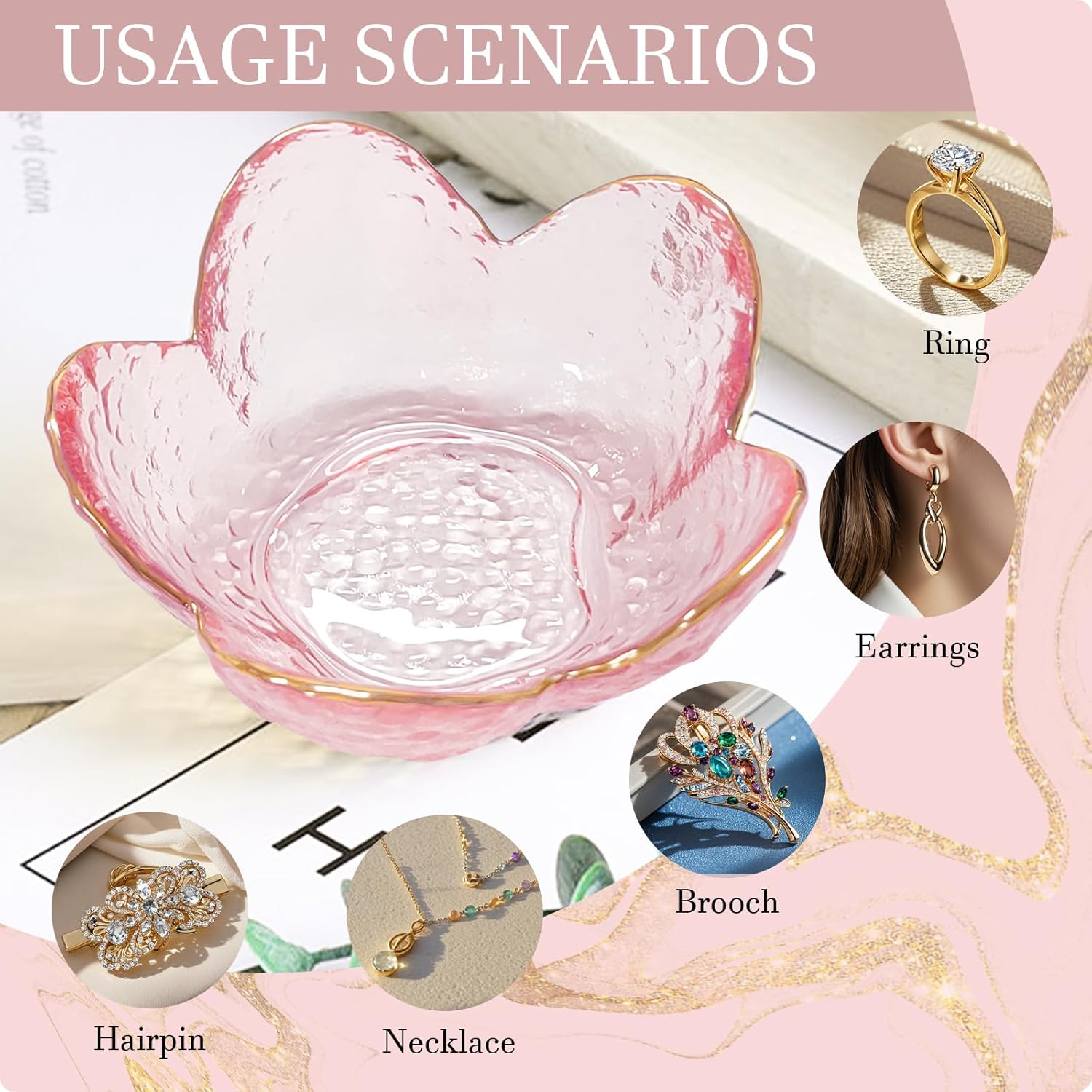 Detalle 2 de Binoster Pink Flower Trinket Dish Set (2 pcs) – Jewellery and Ring Holders for Small Desk or Bedroom Storage