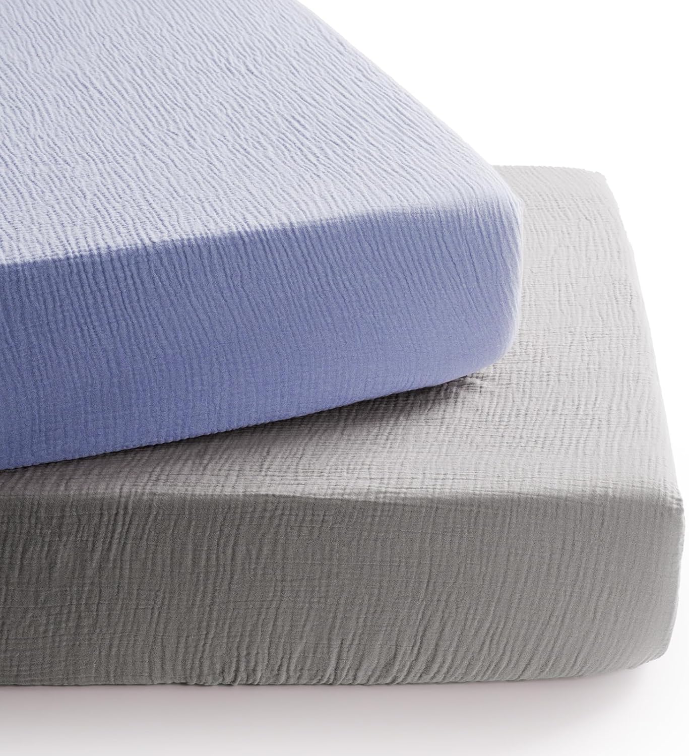Detalle de TILLYOU Musselin Spannbettlaken 2er Set 60x120 cm – 100% Baumwollmusselin, elastisch, grau und blau