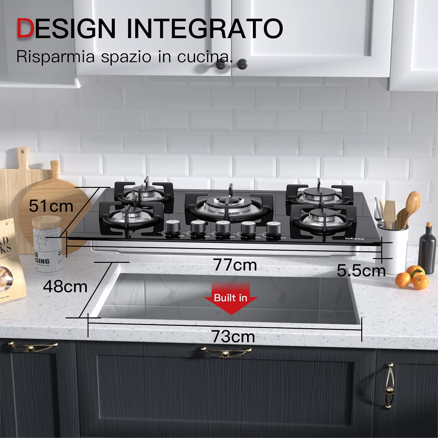 Detalle de Piano Cottura a Gas da Incasso 5 Fuochi 77 cm con Vetro Nero, Protezione Flame-Out