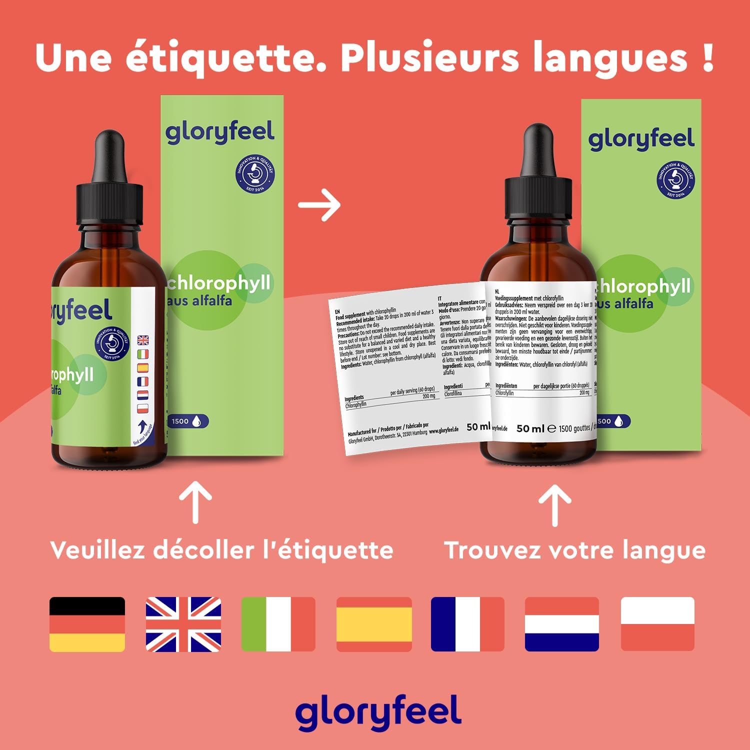 Detalle de Chlorophylle Liquide de Luzerne 50 ml (1500 gouttes) – 200 mg par dose, vegan et sans alcool