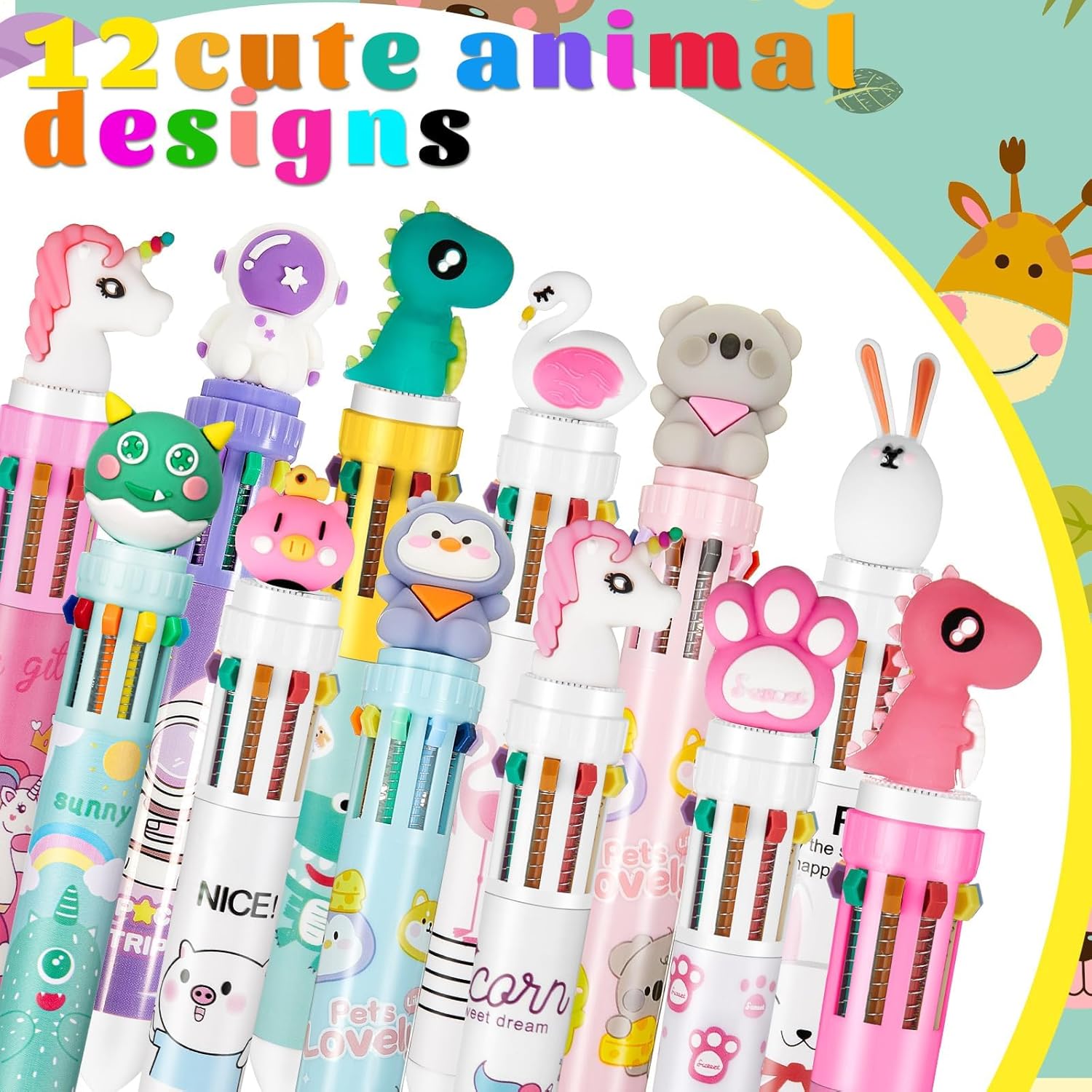 Thumbnail 3 de ALUNME 10 retractable ballpoint pens (0.5 mm) with animal designs – shuttle-style back to school gift, red