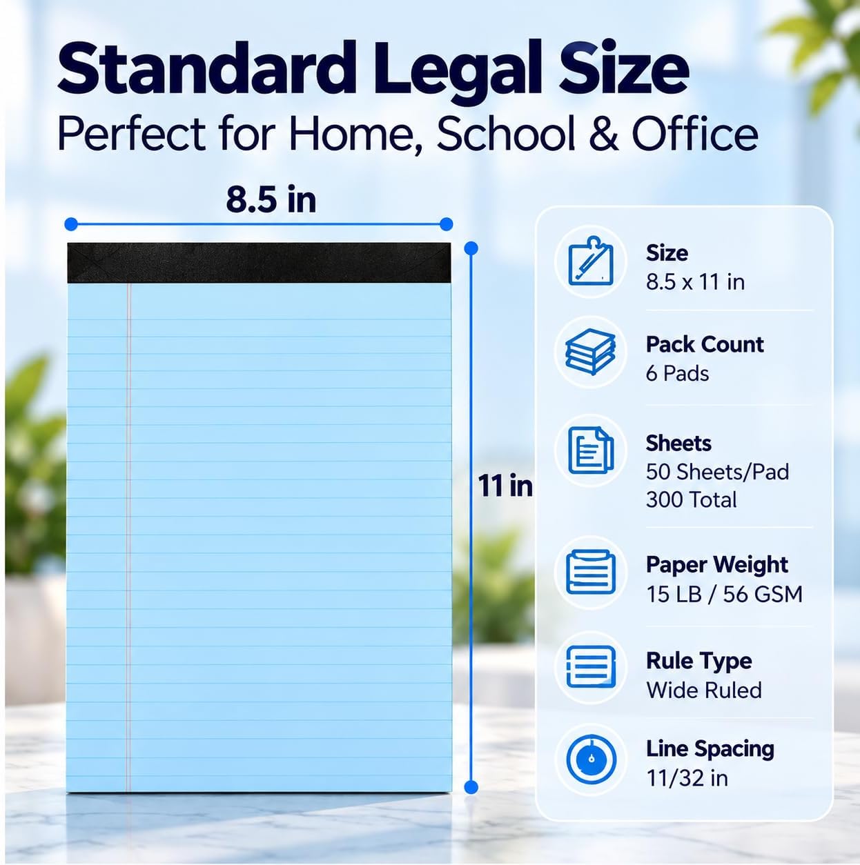Detalle 2 de KAISA Blue Legal Pads, 8.5 x 11-Inch, Wide-Ruled, Perforated, 6-Pack