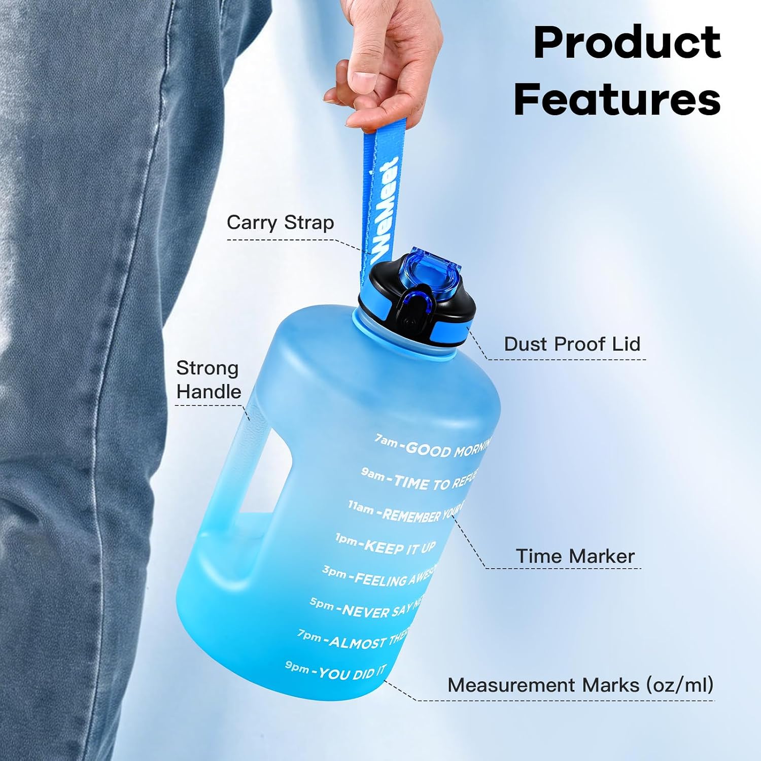 Detalle de WEMEET 128oz Water Bottle with Straw, Time Marker and Wide Mouth, Blue