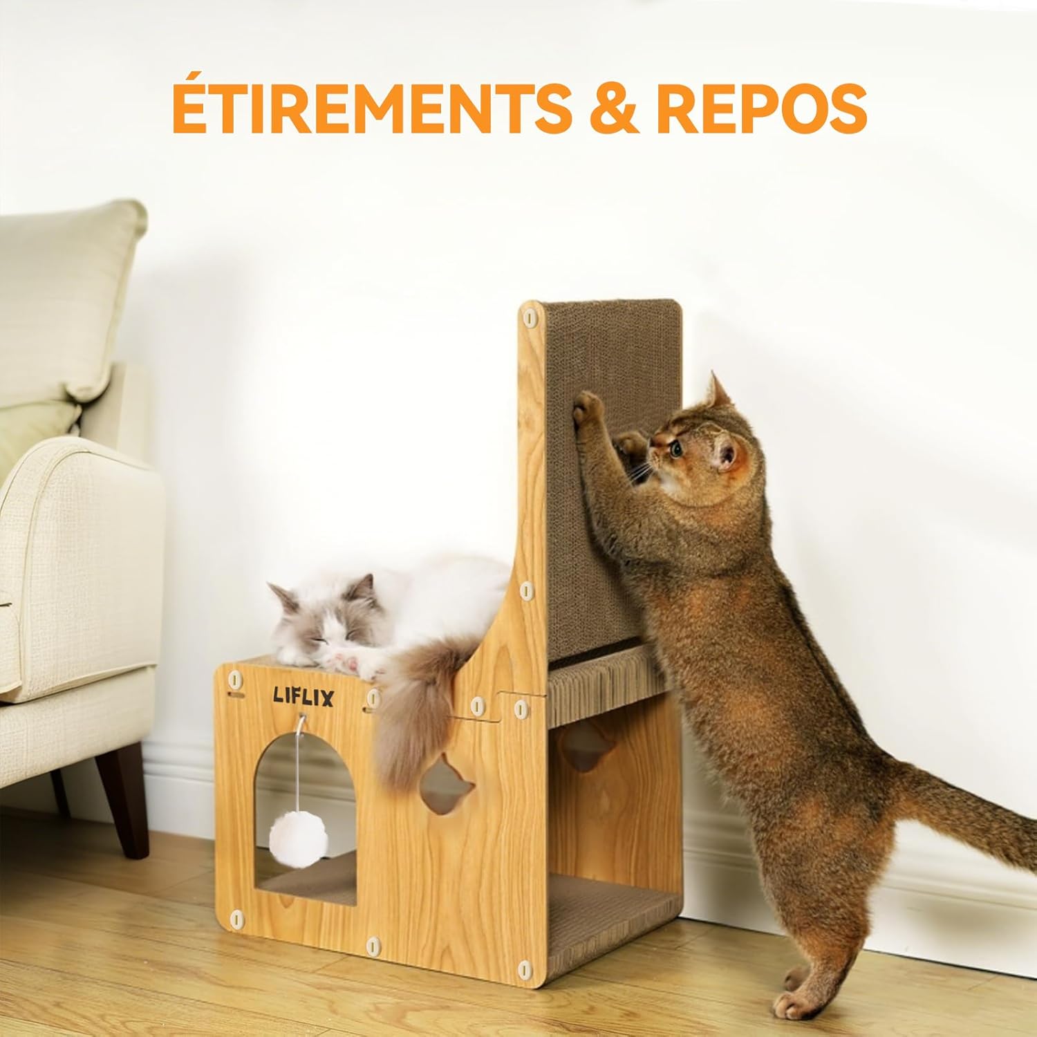 Detalle de LIFLIX Griffoir en L à Double Épaisseur – Poteau à griffer, cachette et jouets pour chats