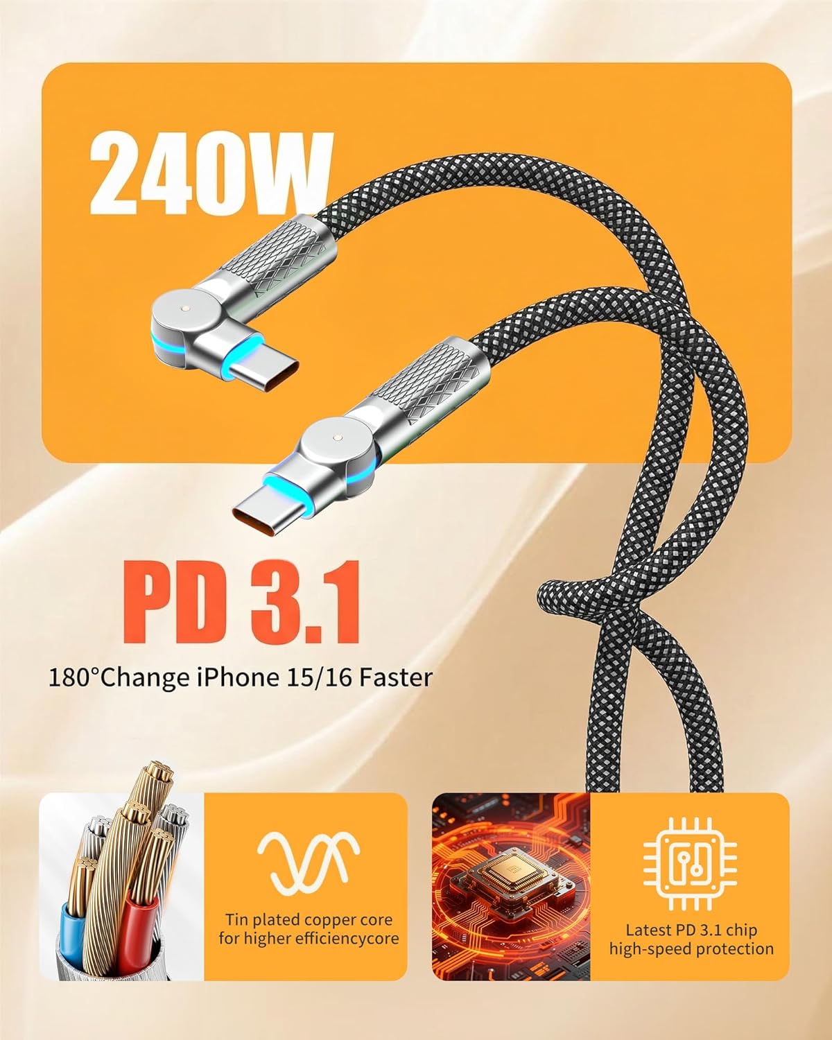 Thumbnail 3 de USB C Charger Cable 3M 240W – 3 Metre USB‑C to USB‑C Braided Fast Charge Cable