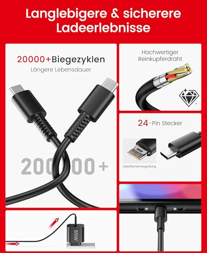 Detalle de HELLCOOL 65W USB-C Ladegerät für Nintendo Switch 2 GaN3.0, 2m Kabel
