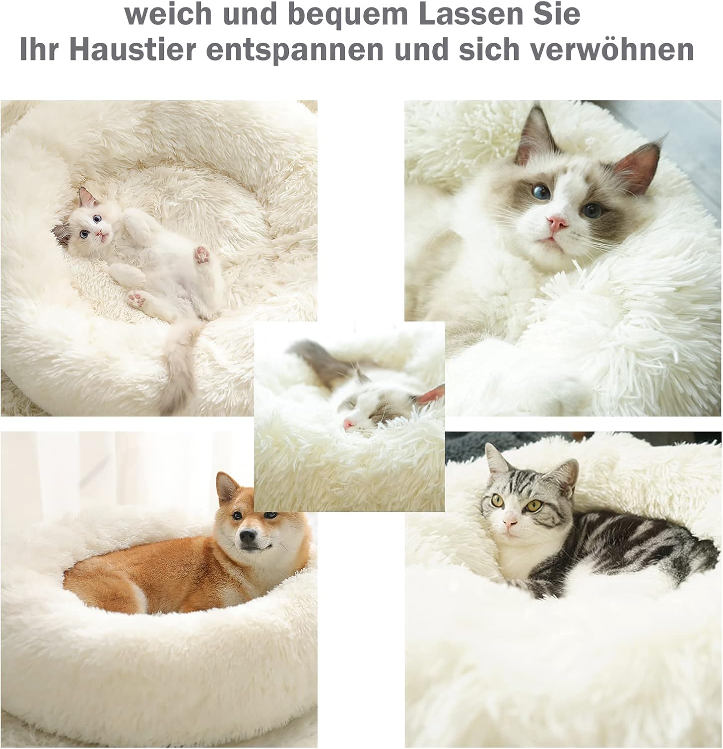 Detalle de Nepfaivy Hundebett/Katzenbett Flauschig Rund aus Plüsch – Donut, waschbar, in M (50 cm) Weiß