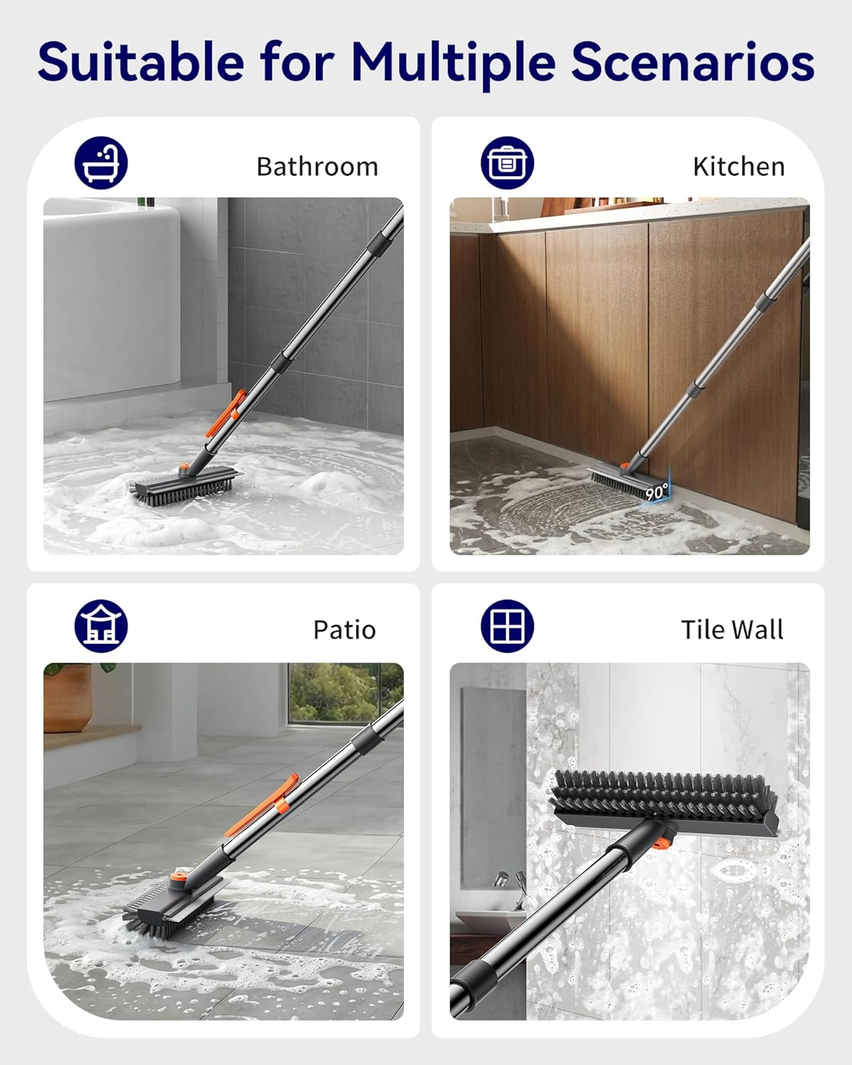 Thumbnail 5 de HelpX Small Floor Scrub Brush with Adjustable Long Handle — 3-in-1 Scrubber with Squeegee and Tweezer