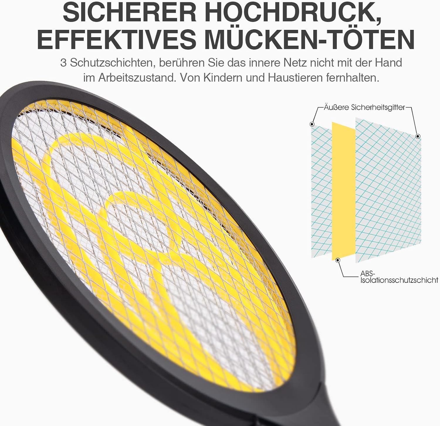 Detalle de mafiti Elektrische Fliegenklatsche – Insektenvernichter mit herausnehmbaren Batterien (Gelb/Schwarz)