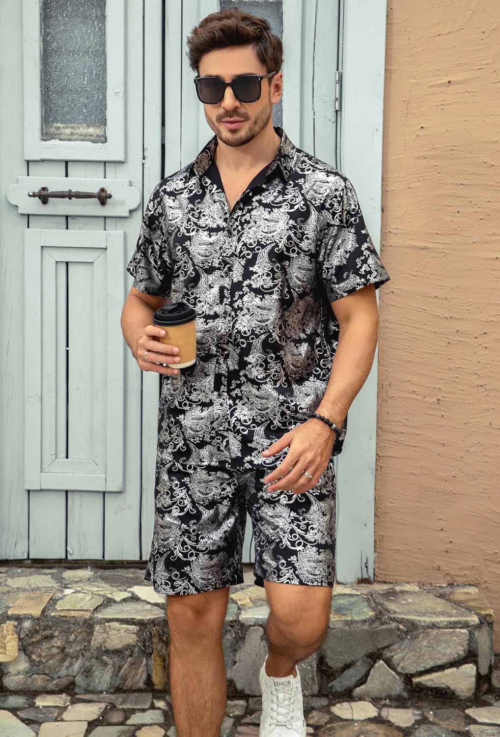 Detalle 2 de Allthemen Men’s Jacquard Shirt and Short Set – 2 Piece Short Sleeve Paisley