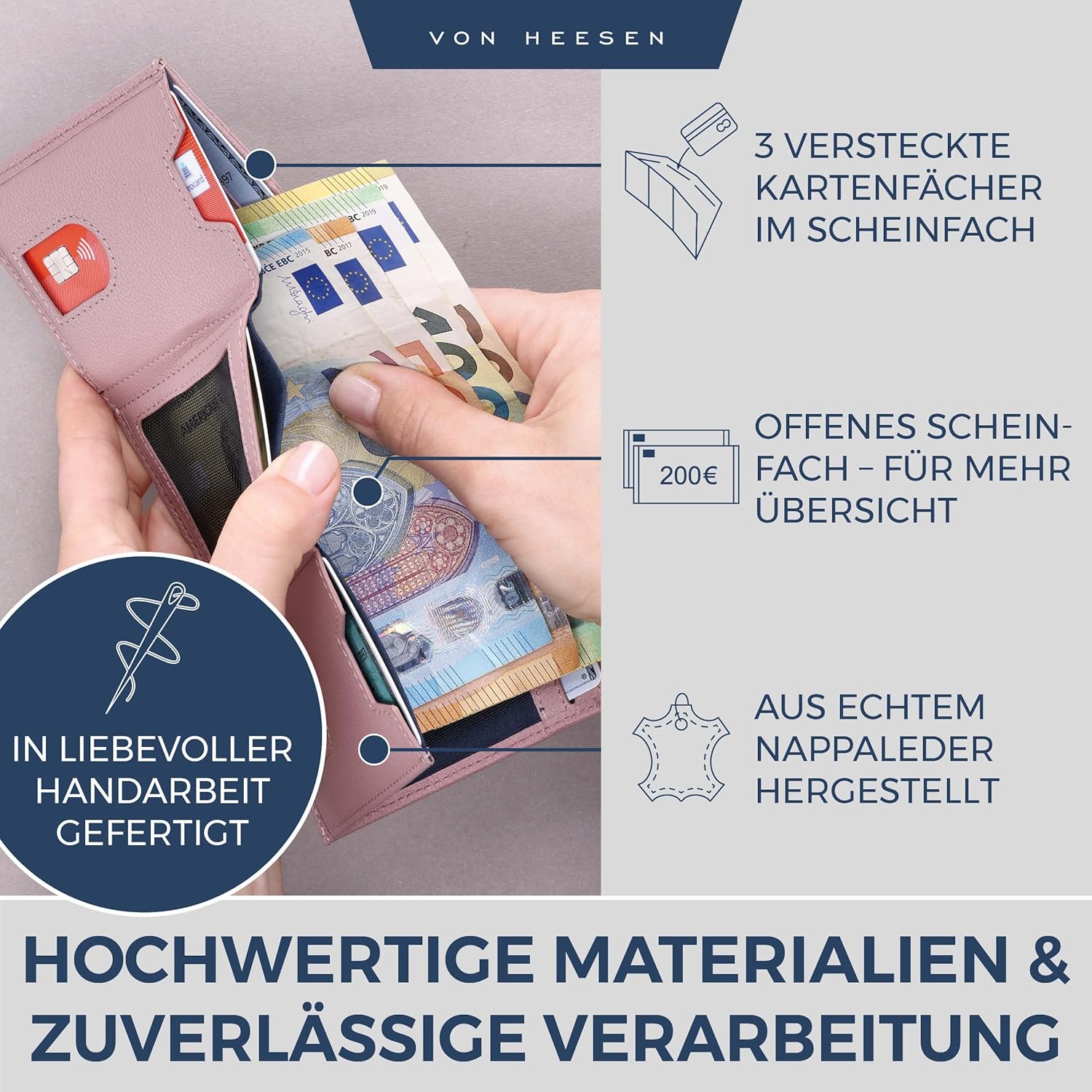 Thumbnail 3 de VON HEESEN Slim Wallet mit XL Münzfach & RFID-Schutz – kompakte Geldbörse in Lavendel