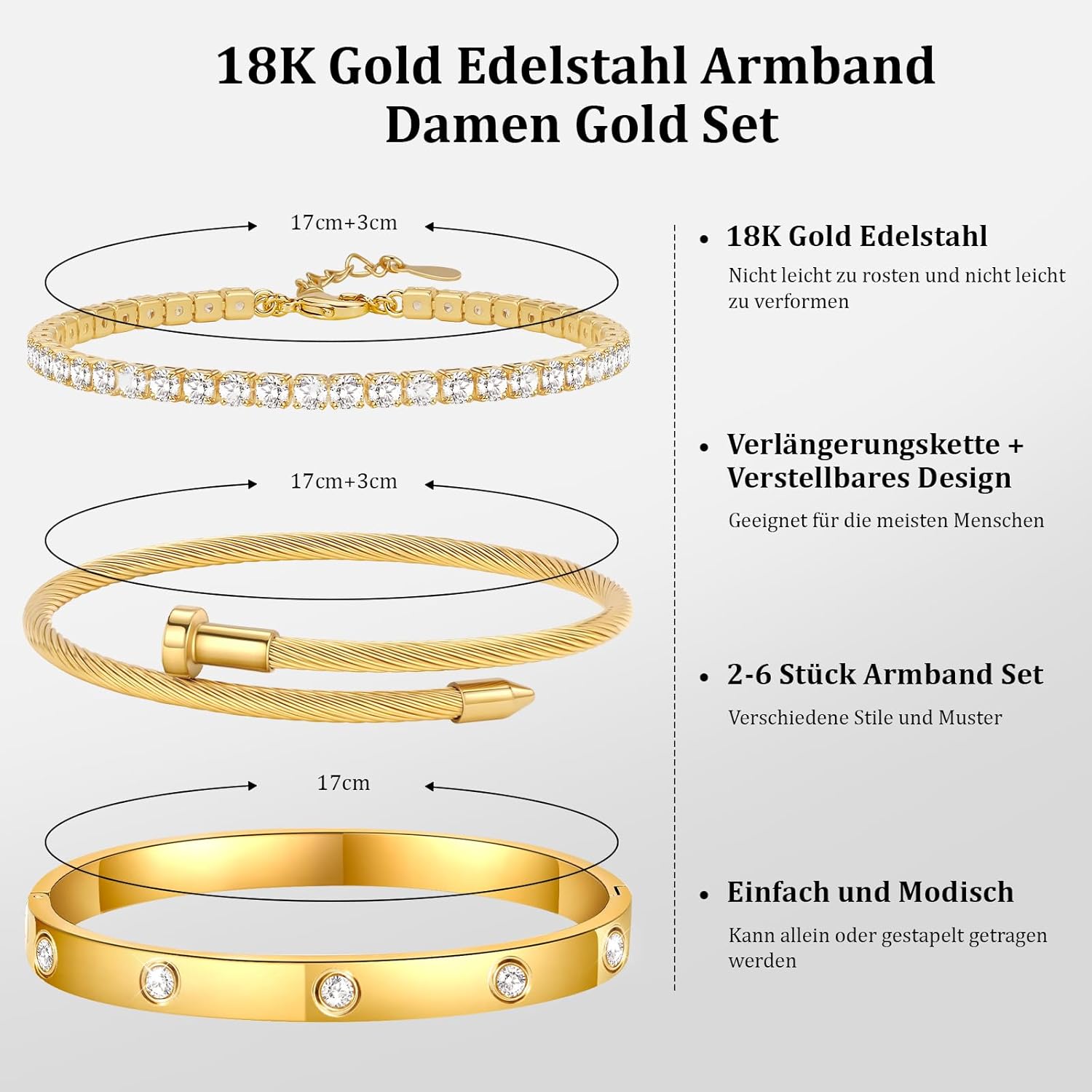 Thumbnail 2 de Ahokei Armband-Set für Damen aus Titan-Stahl / Edelstahl vergoldet, 2-teilig – gold & silberfarben, verstellbar