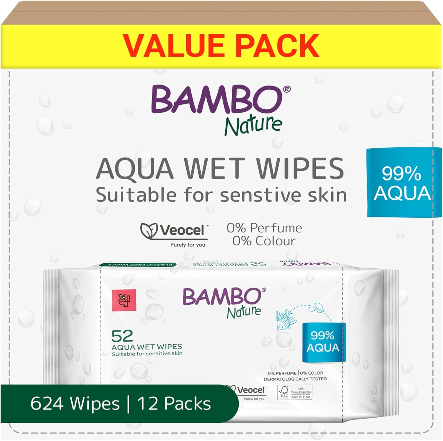 Bambo Nature Aqua Wet Wipes: 624 wipes in 12 packs for sensitive skin