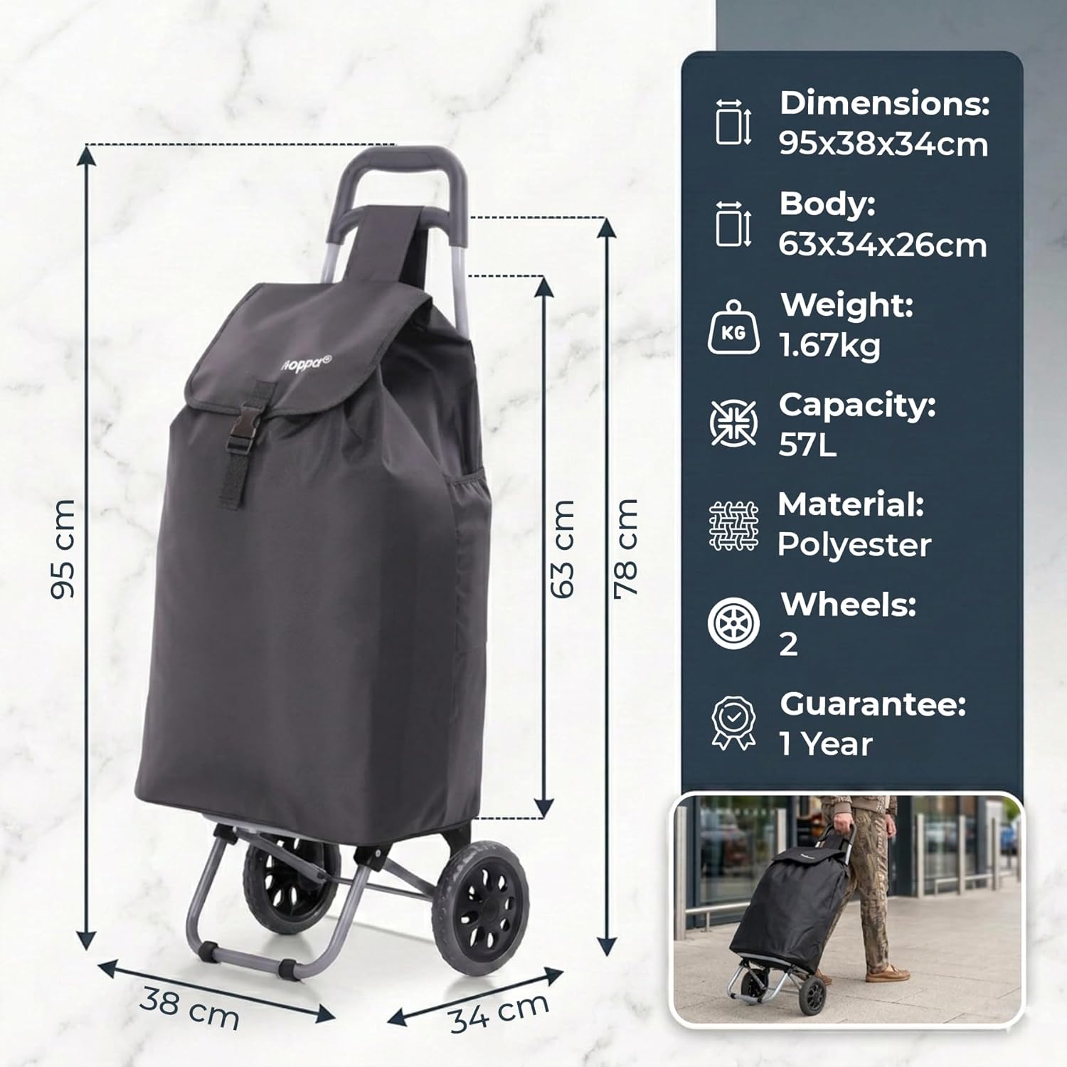 Detalle 2 de Hoppa Shopping Trolley on Wheels (57L) Foldable 2 Wheel Grocery Cart with Secure Lid