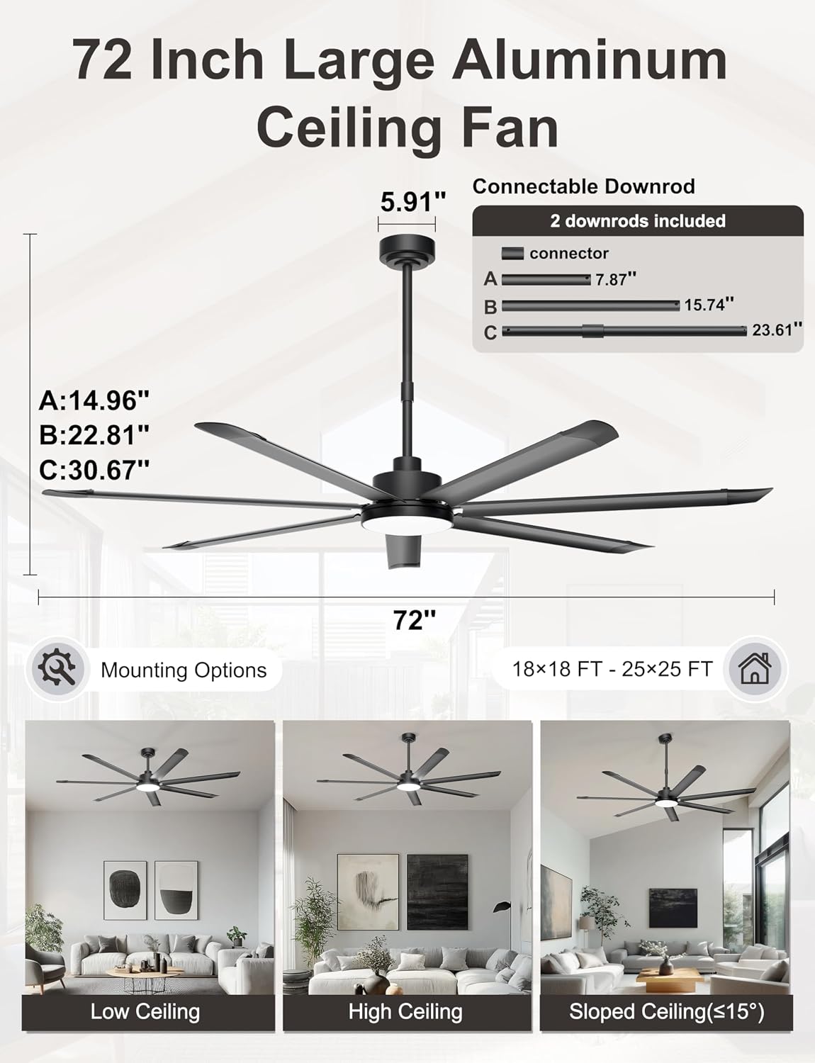 Detalle 2 de Ohniyou GLX121 72-Inch Industrial Ceiling Fan with Light, 7 Blades, App Control