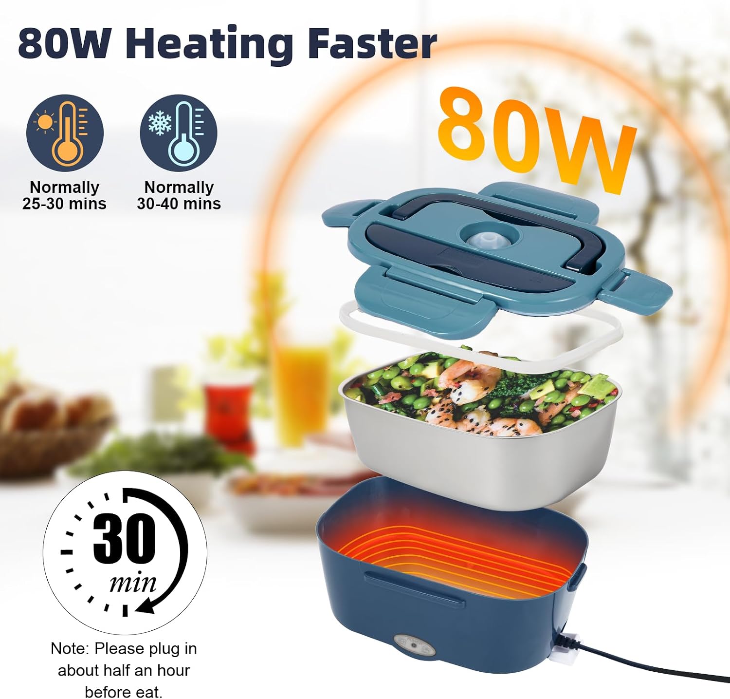 Detalle 2 de SOHIDA Electric Lunch Box, 80W 1.5 L Food Warmer for 12V/24V/110V, Blue