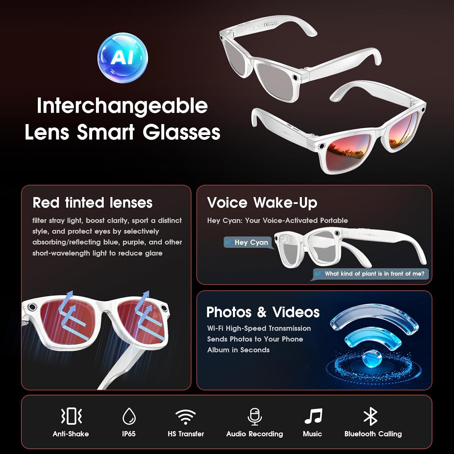 Thumbnail 3 de Tulbeys AI Smart Glasses with 4K HD Camera, 8MP Photo, Real-time Translation & Photochromic Lenses (White)