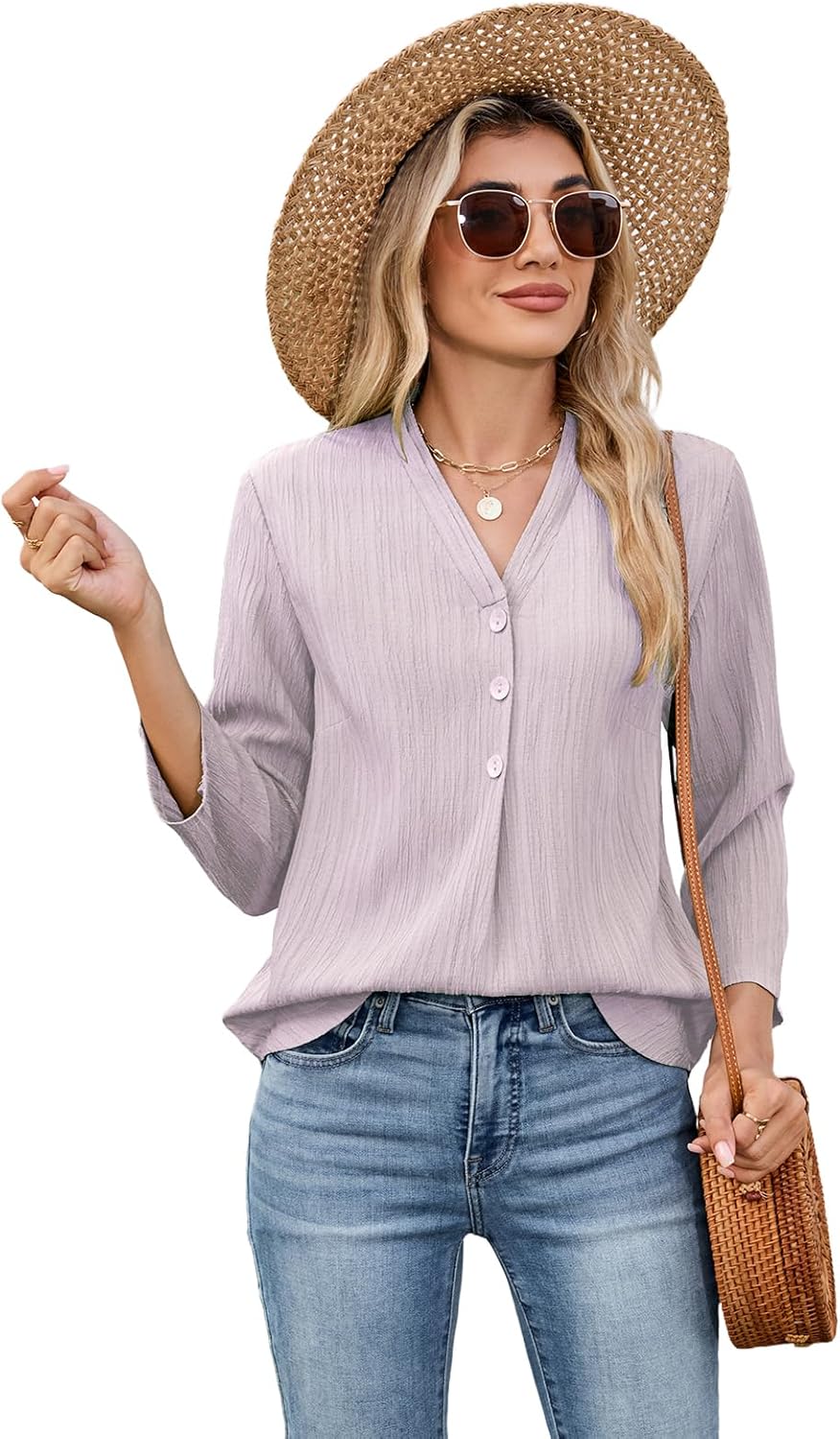 Thumbnail 1 de Damen 3/4-Arm Bluse/V-Ausschnitt Tunika – Sommer Elegant für Business Casual & Freizeit