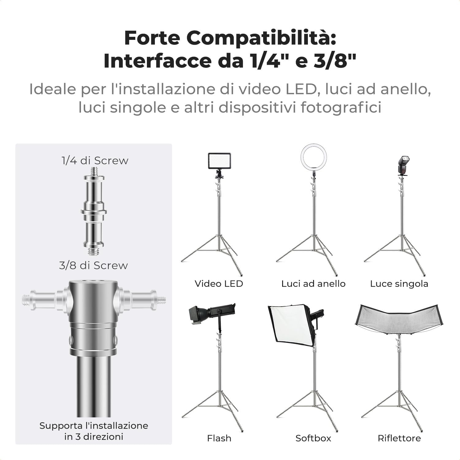 Detalle de K&F CONCEPT Spring Light Stand 280 cm in acciaio inossidabile: supporto per luci fotografica pieghevole con filettature 1/4" e 3/8