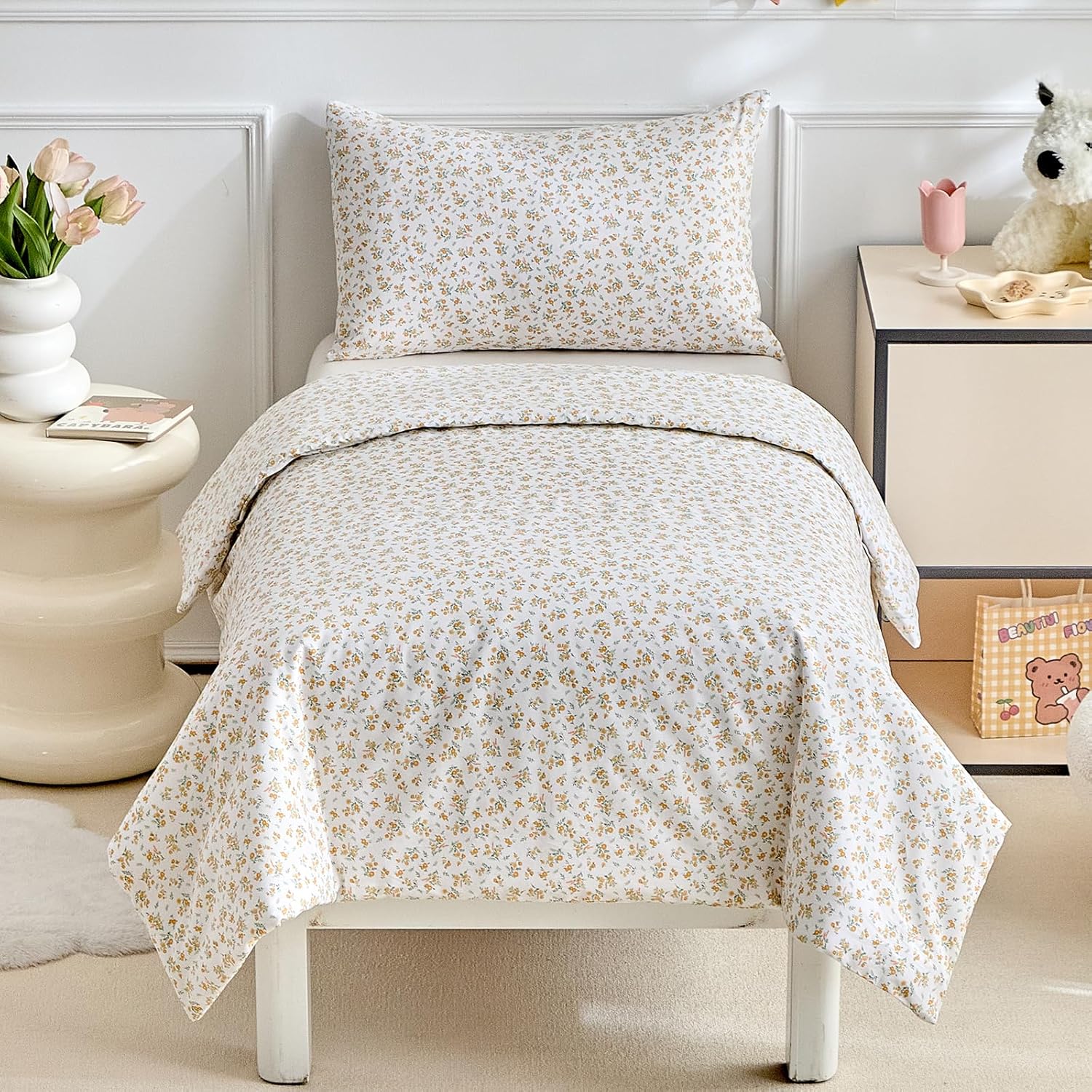 Detalle de DuShow Cotton Toddler Duvet Set with Reversible Floral Design (Orange, 120 x 150 cm)