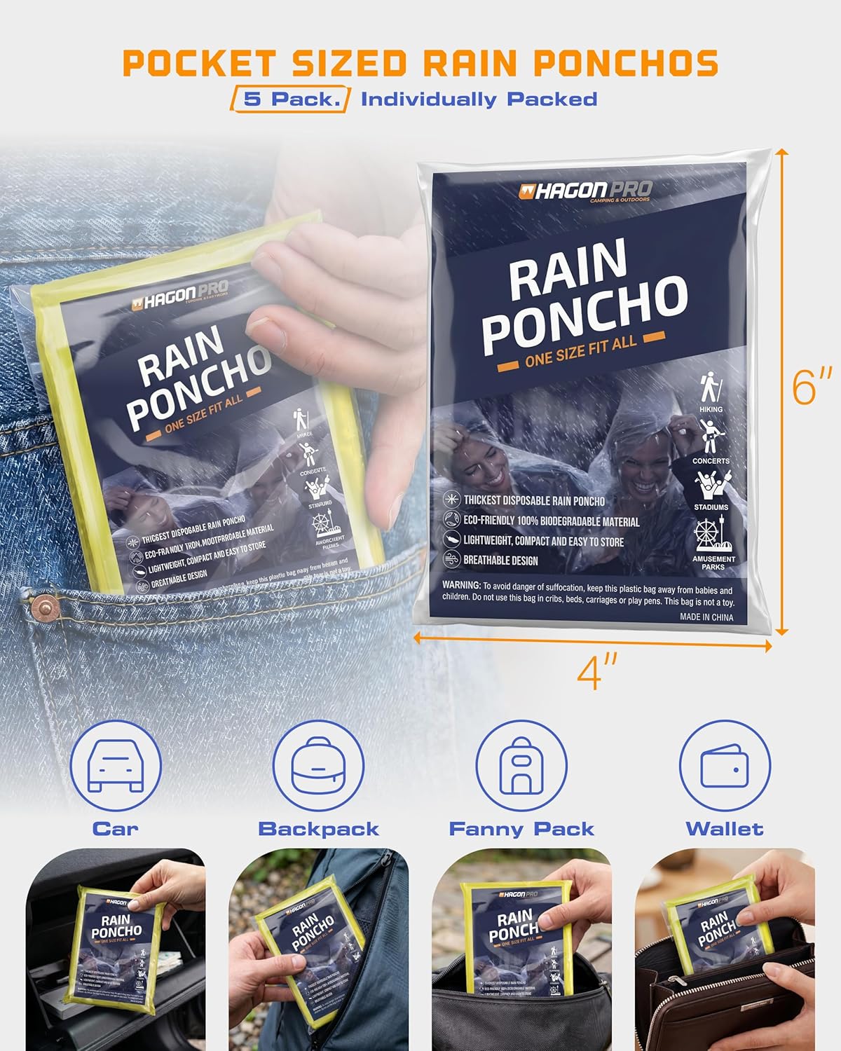 Thumbnail 2 de Hagon PRO Disposable Rain Ponchos for Adults (5 Pack)