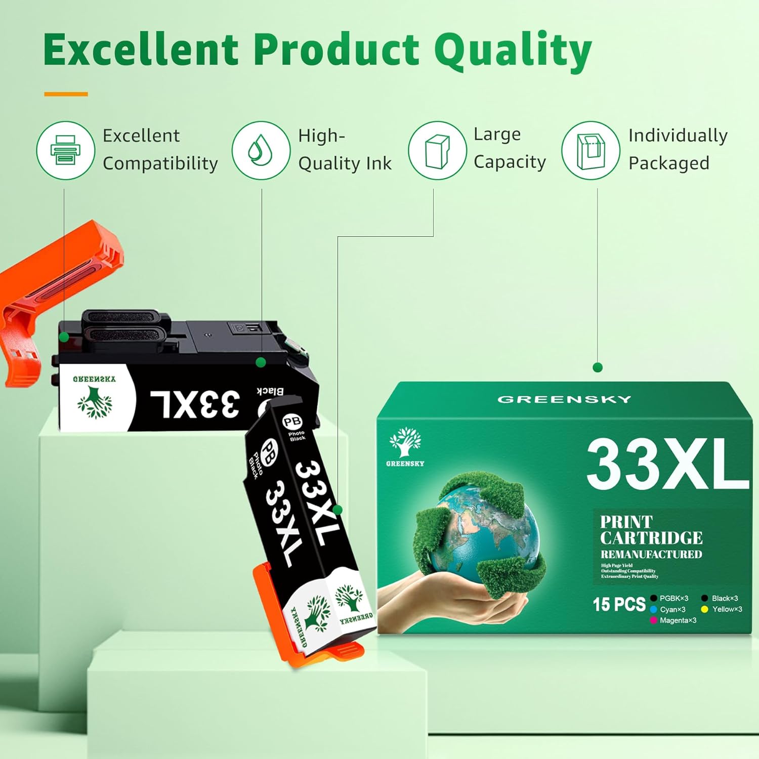 Thumbnail 5 de GREENSKY 33XL Multipack Druckerpatronen für Epson XP-7100, XP-540/530/640/830/900 – 15er-Pack