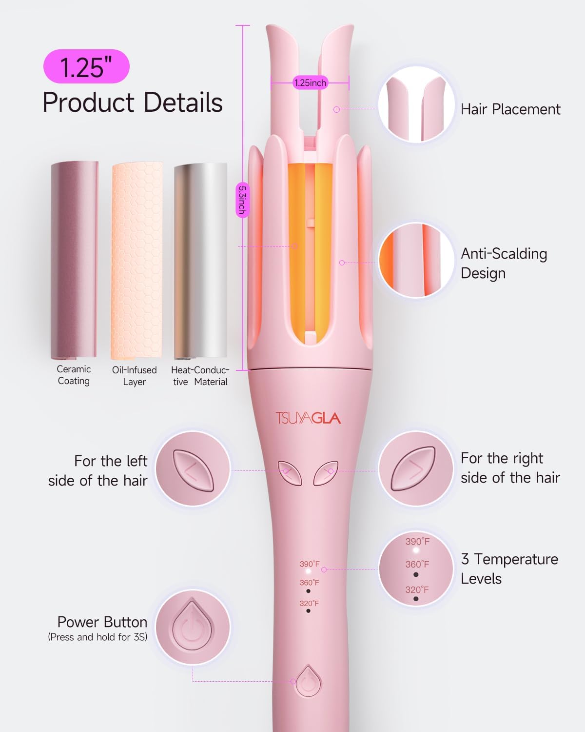 Detalle 1 de TSUYAGLA T309-PINK Automatic Curling Iron, 1.25-Inch Barrel, Dual Voltage