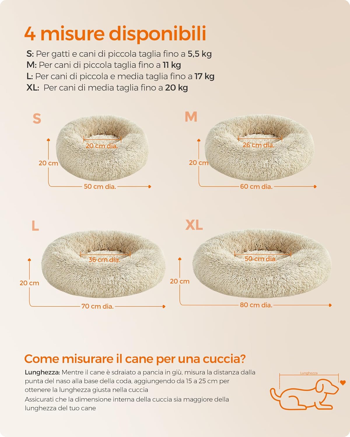 Detalle 2 de Feandrea Cuccia per cani a ciambella interna sfoderabile e lavabile, diametro 50 cm – Cachi Ombré PGW037S01