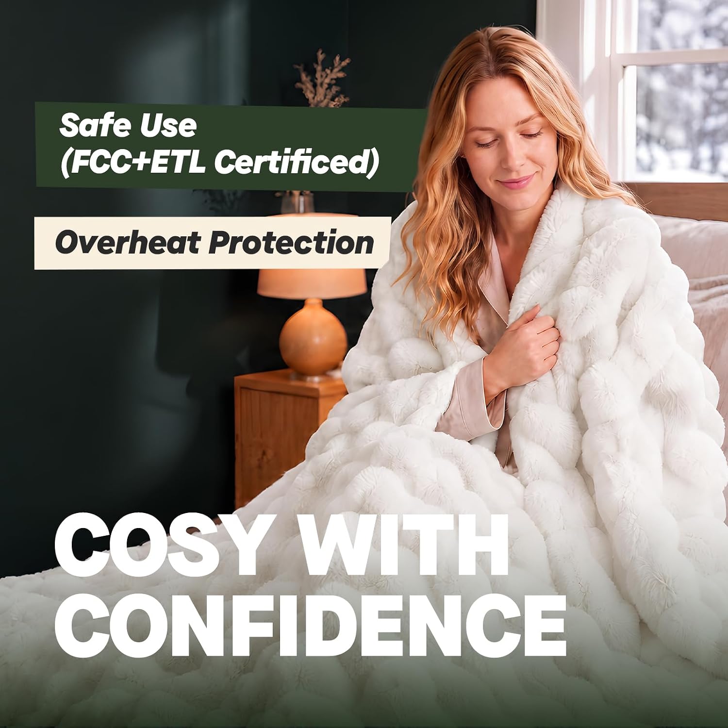 Detalle 2 de Warmrest WR-POPRA50-WHITE Heated Throw Blanket, 9 Heat Settings, White Faux Fur