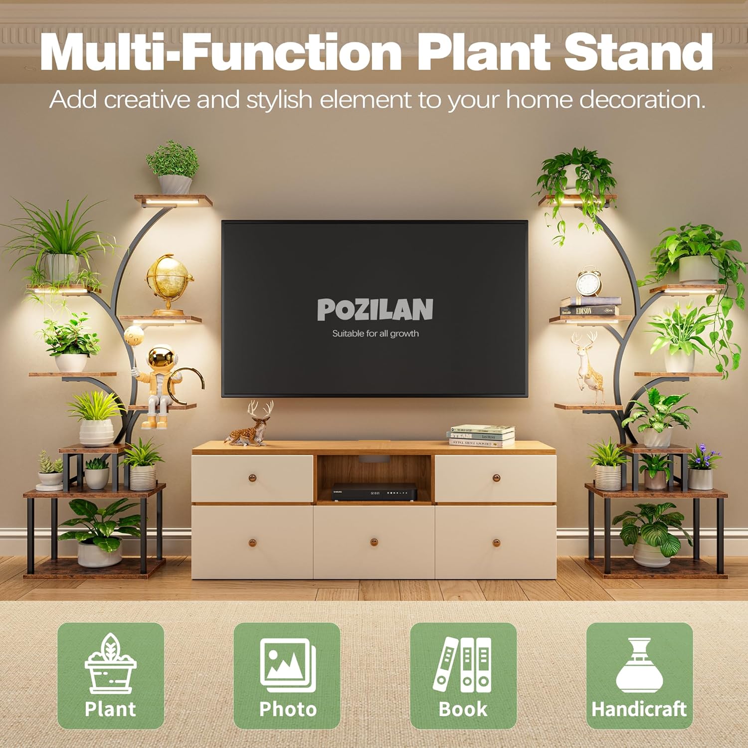 Detalle de POZILAN 8-tier tall plant stand with grow light – metal plant shelf rack for indoor and patio use