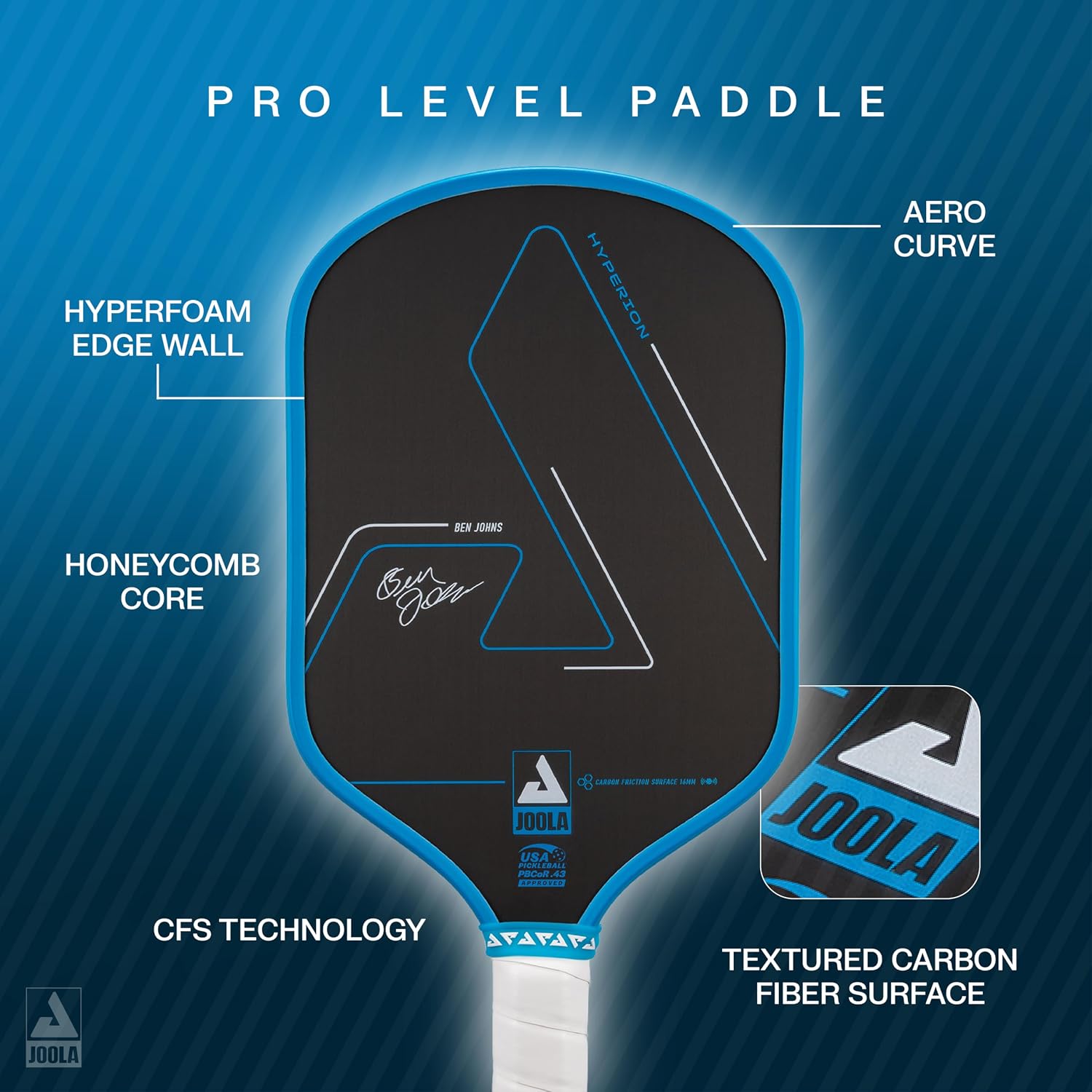 Detalle de JOOLA Ben Johns Hyperion CFS Pickleball Paddle — Carbon Surface, High Spin, Elongated Handle