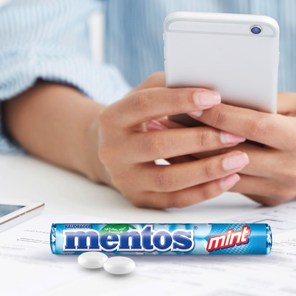 Detalle de Mentos Kaubonbons Mint – Vegane Pfefferminz-Dragees in Multipack (40 Rollen) als Verkaufsdisplay