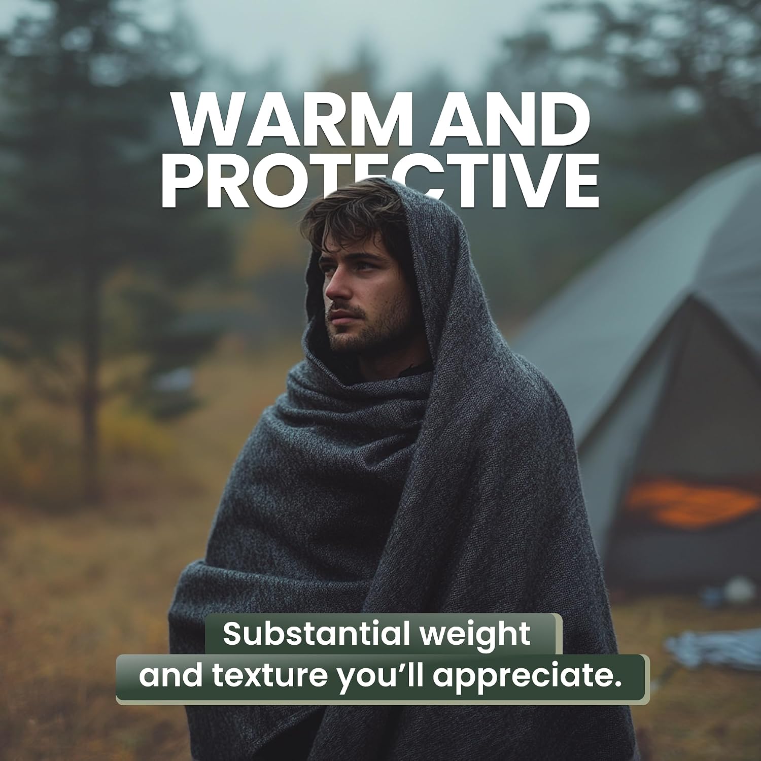 Detalle de 72 HRS 72HRSWOOLBLANKETS Winter Camping Blanket, 80% Wool, Black