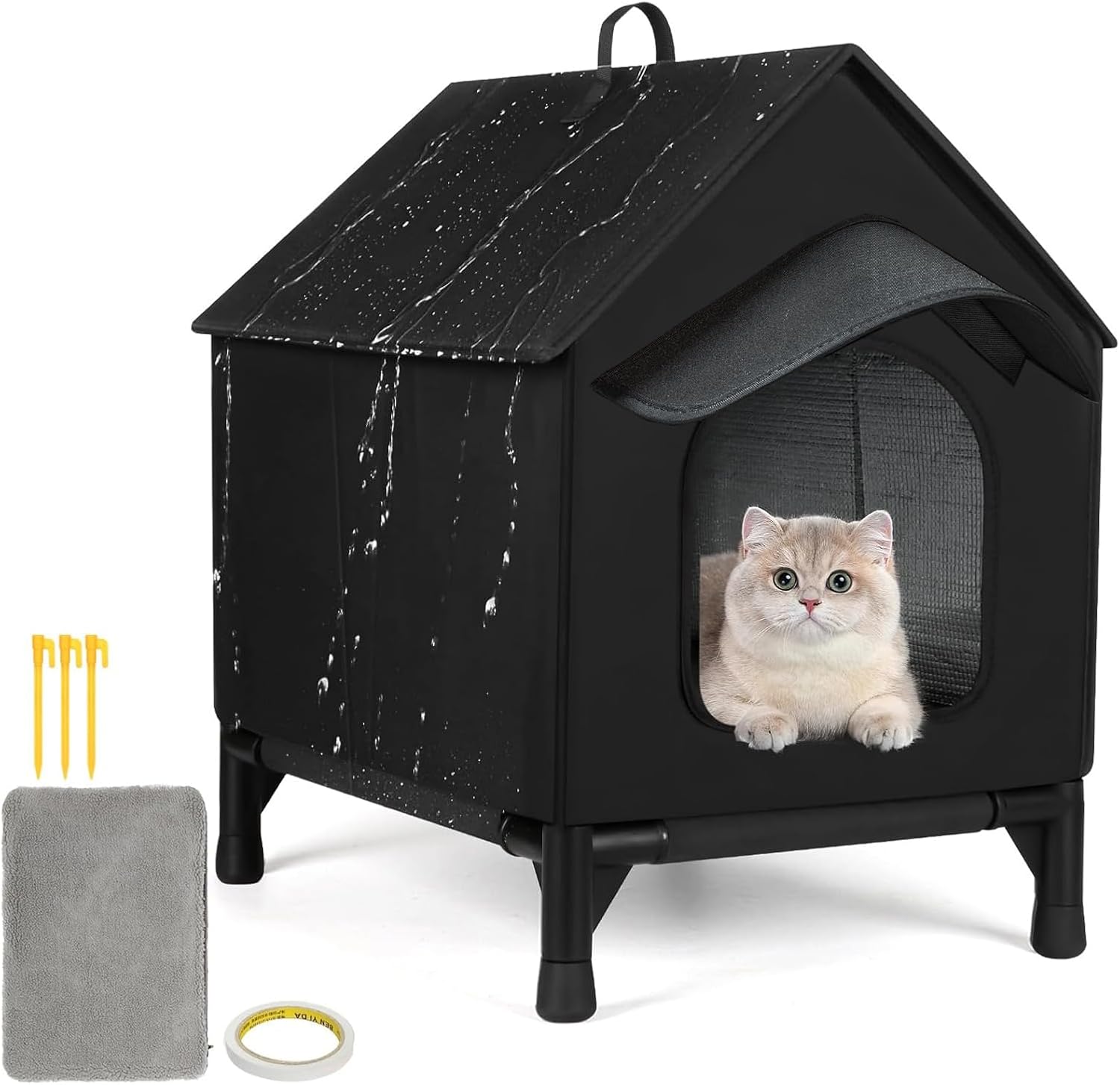 Detalle de Waterproof insulated cat house with detachable eaves (L, Black) for indoor and outdoor cats