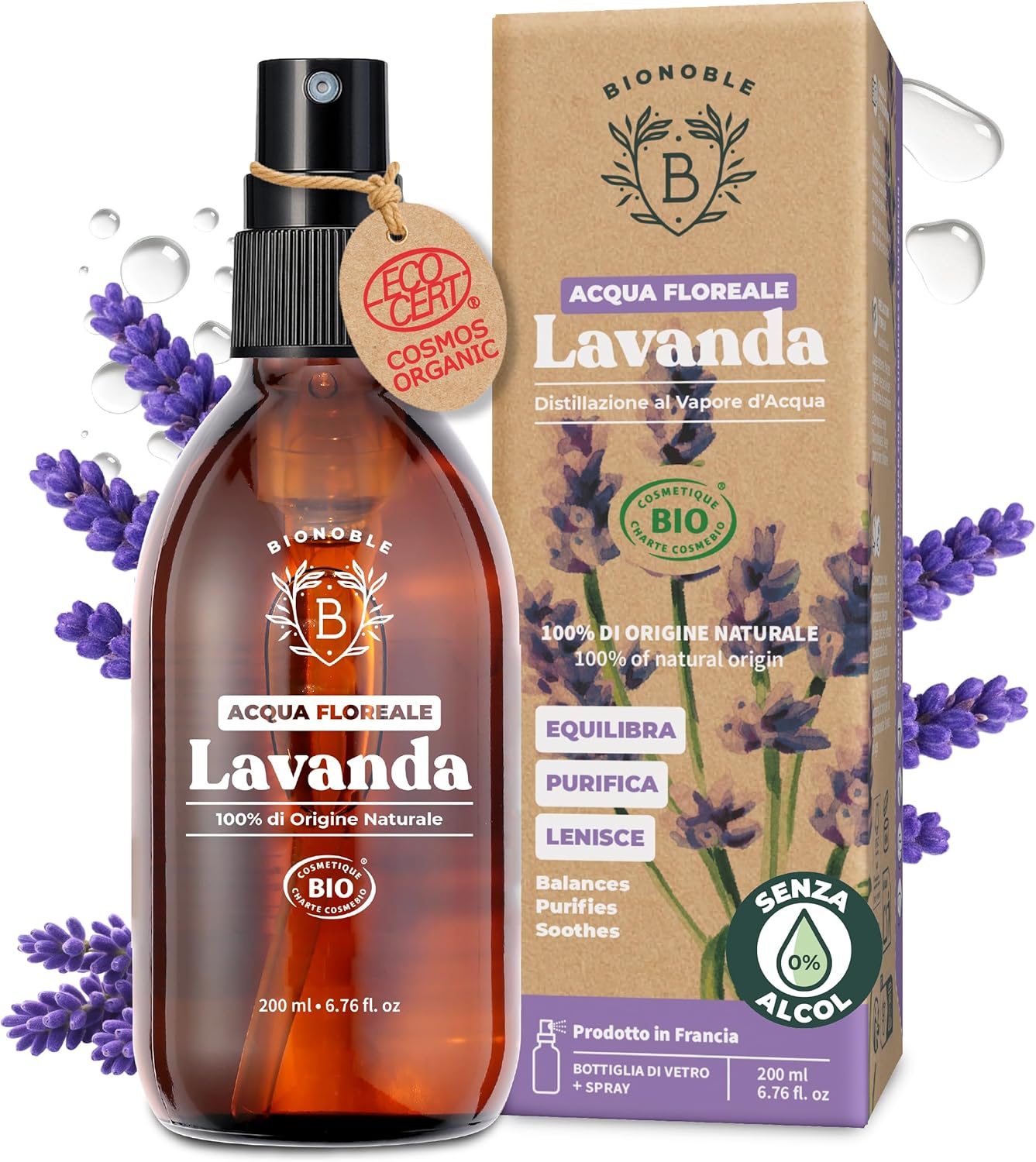 Detalle de BIONOBLE Idrolato di Lavanda Bio: idrolato 100% naturale in sprays di vetro da 200 ml