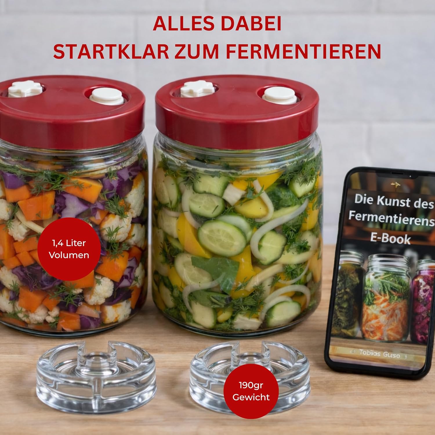 Detalle de GREEN WISE Fermentierglas Set 2er – je 1,4 L mit Gärventil, Deckel & Gewichten