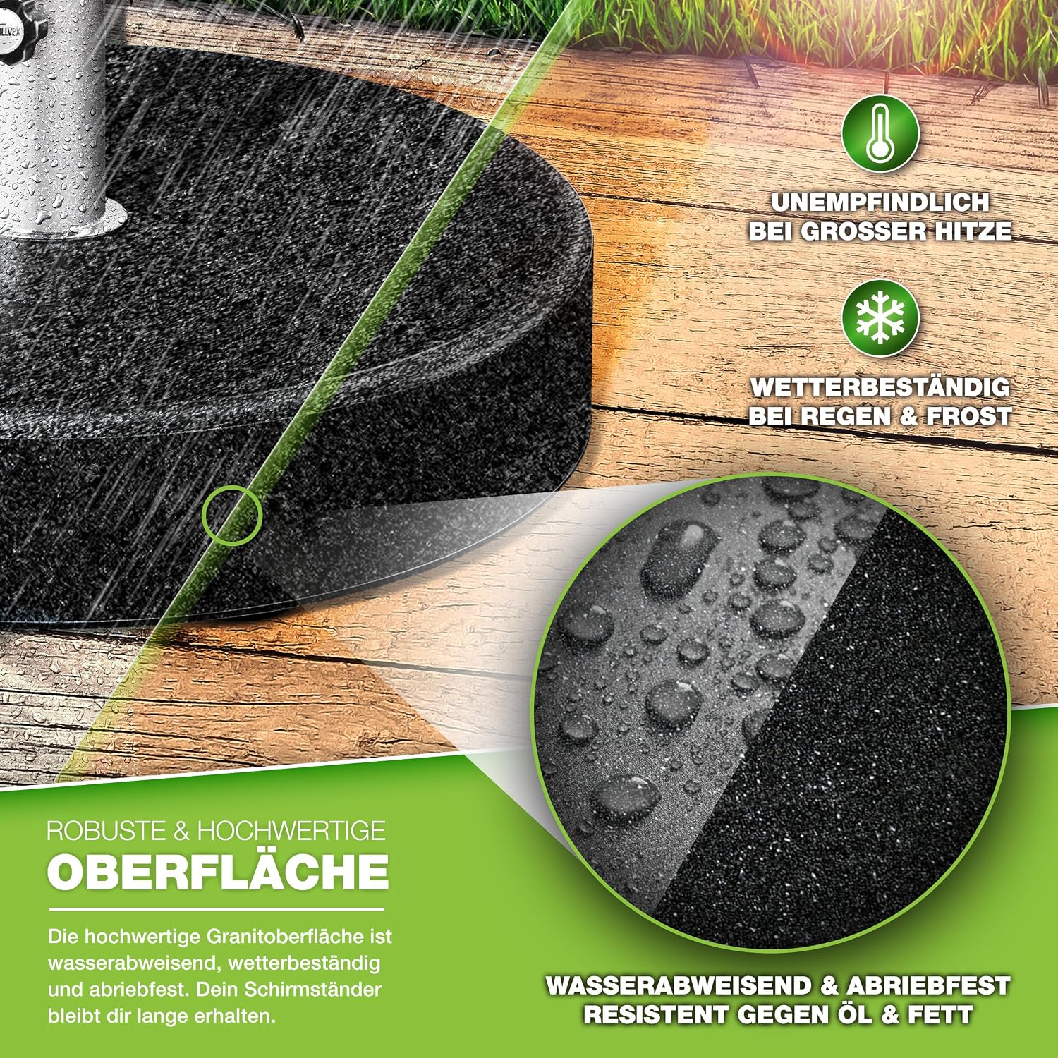 Detalle de tillvex TVGNSSD-008 granieten parasolvoet met wielen en telescopische handgreep