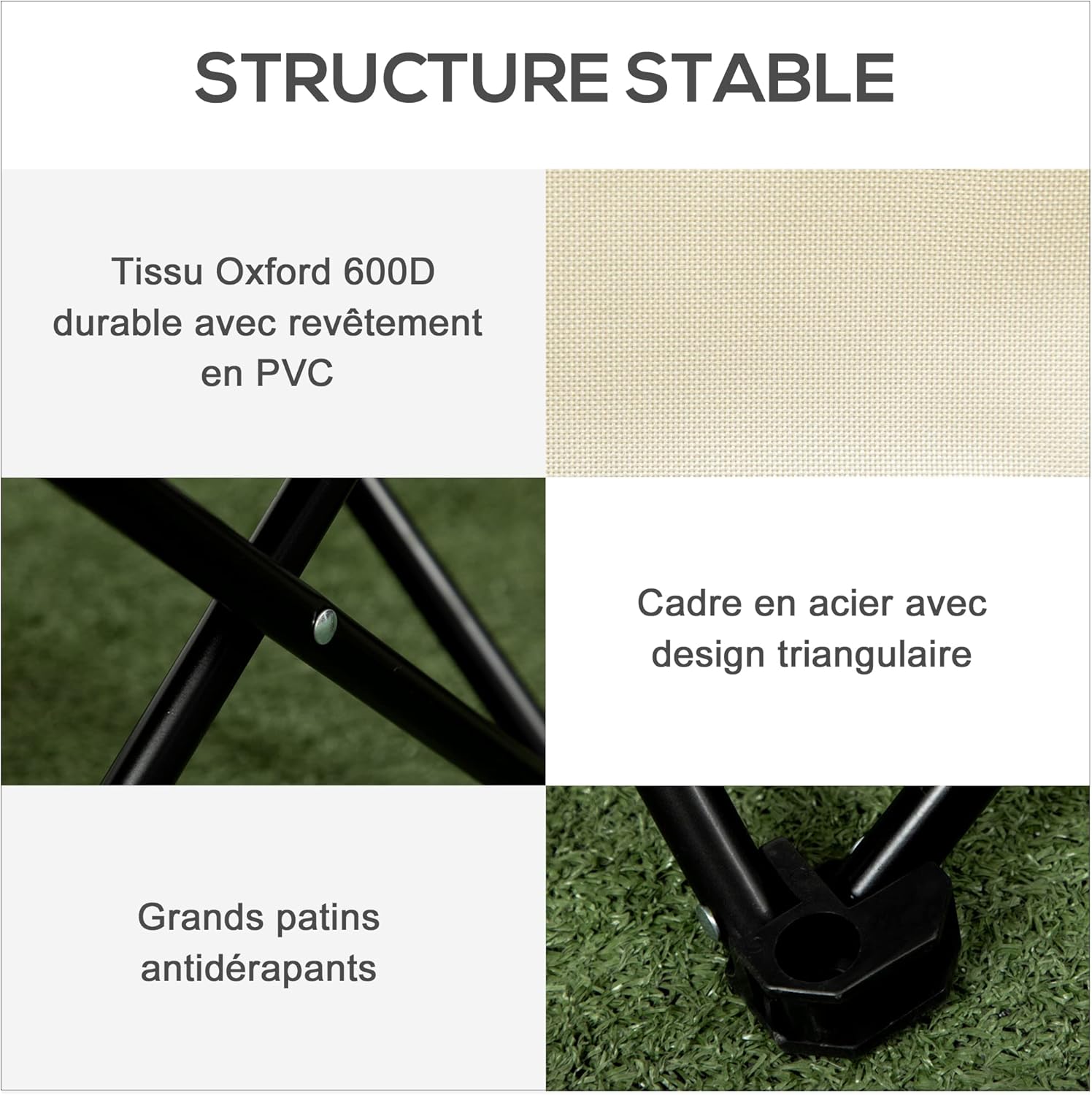 Thumbnail 5 de Outsunny Chaise de Camping Pliable avec Sac de Transport et Pochette latérale – Beige, 61x54x66 cm