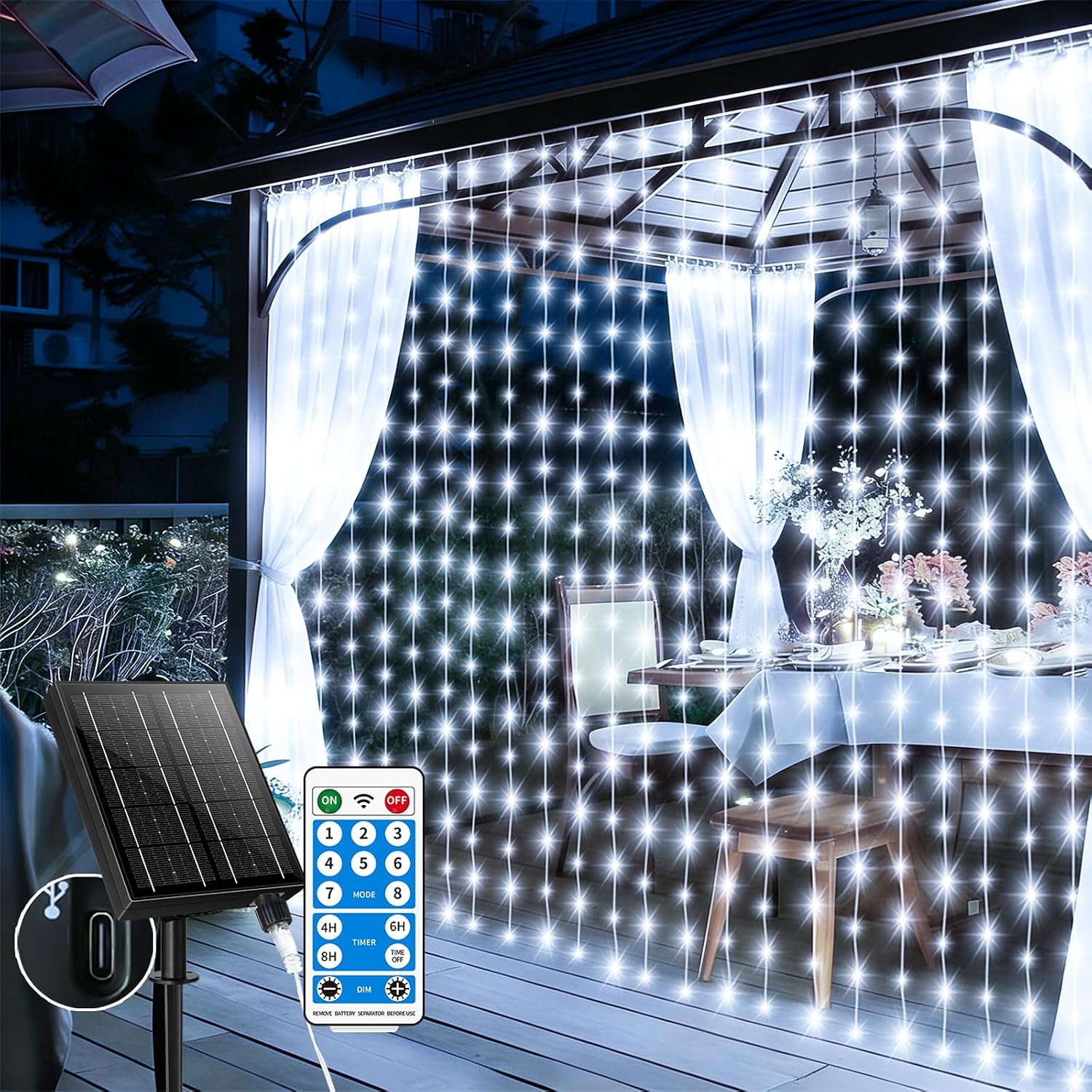Detalle de GCMacau Ghirlanda di luci a energia solare 6x3 m, 600 LED IP65 con 8 modalità, memoria e timer