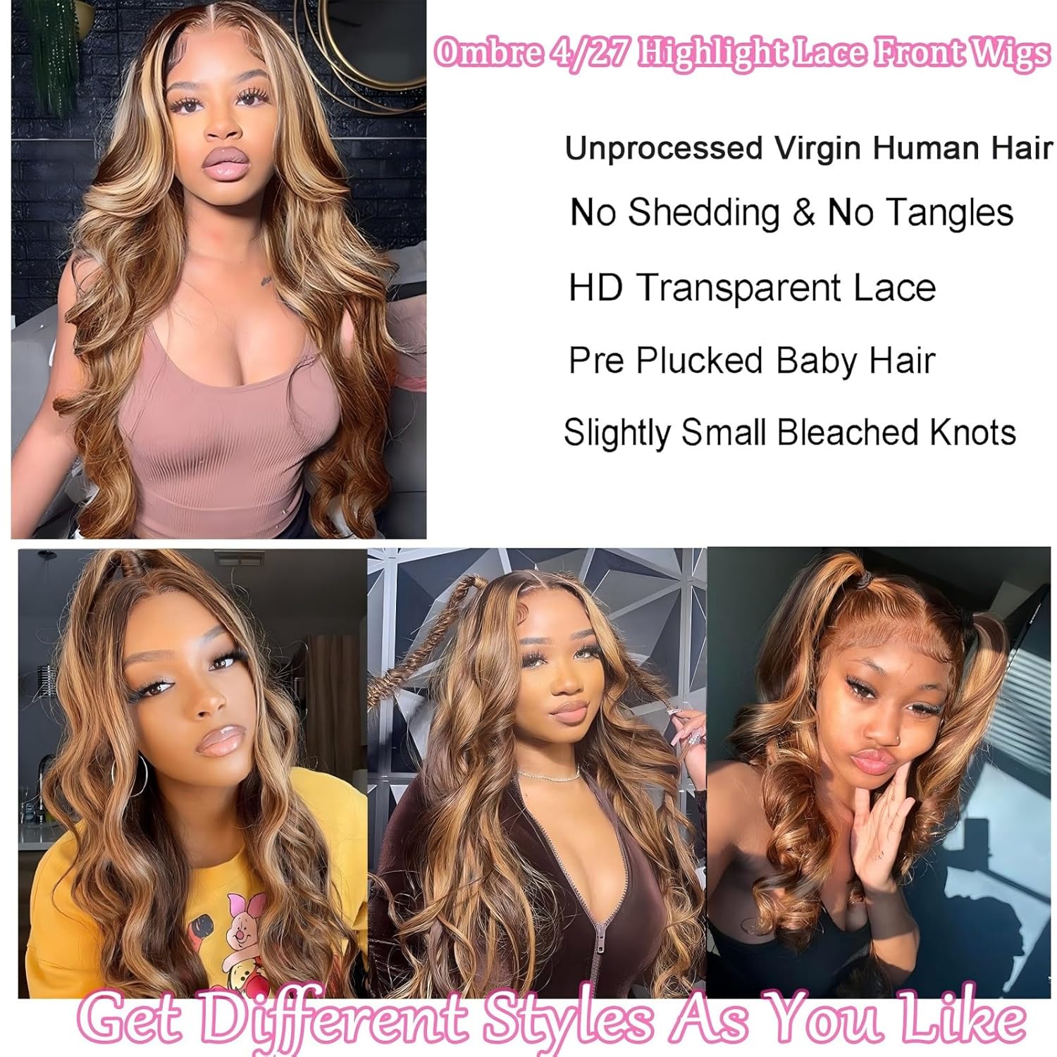 Detalle de QZOQZO Ombre Lace Front Wig Human Hair 13x6 – 28in, 4/27 Highlight, Body Wave, 180% Density
