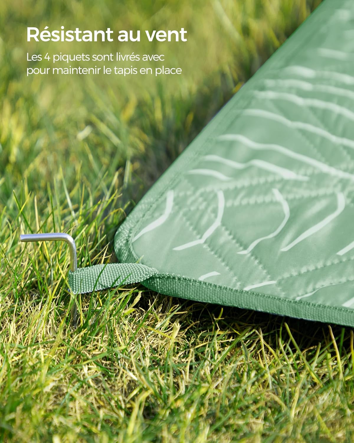 Thumbnail 4 de SONGMICS Couverture de pique-nique GCM010C02 200 x 200 cm avec 4 piquets, motif feuilles vert menthe