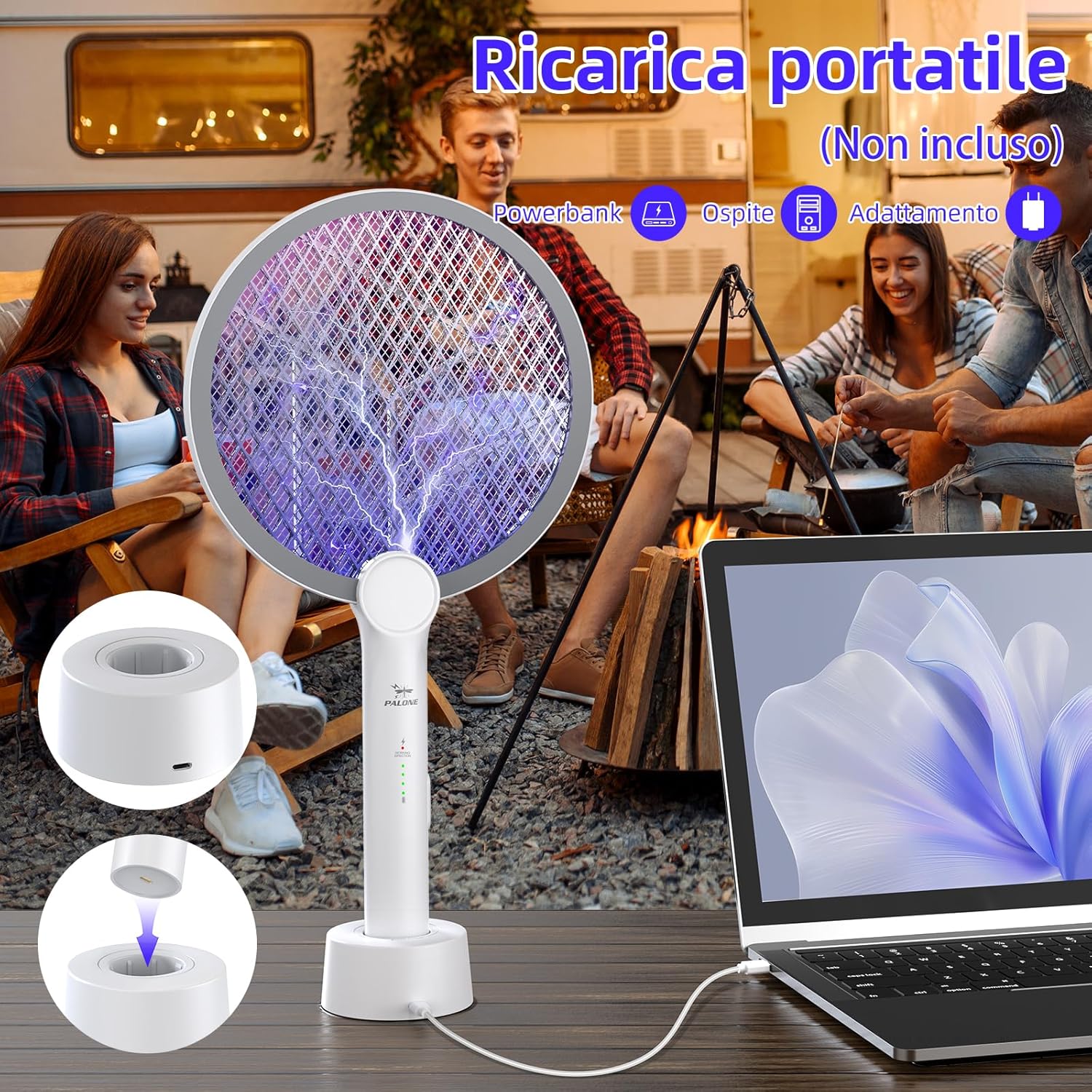 Thumbnail 4 de PALONE Racchetta Zanzare Elettrica Ricaricabile 4000V con USB-C – 3 Strati, LED UV