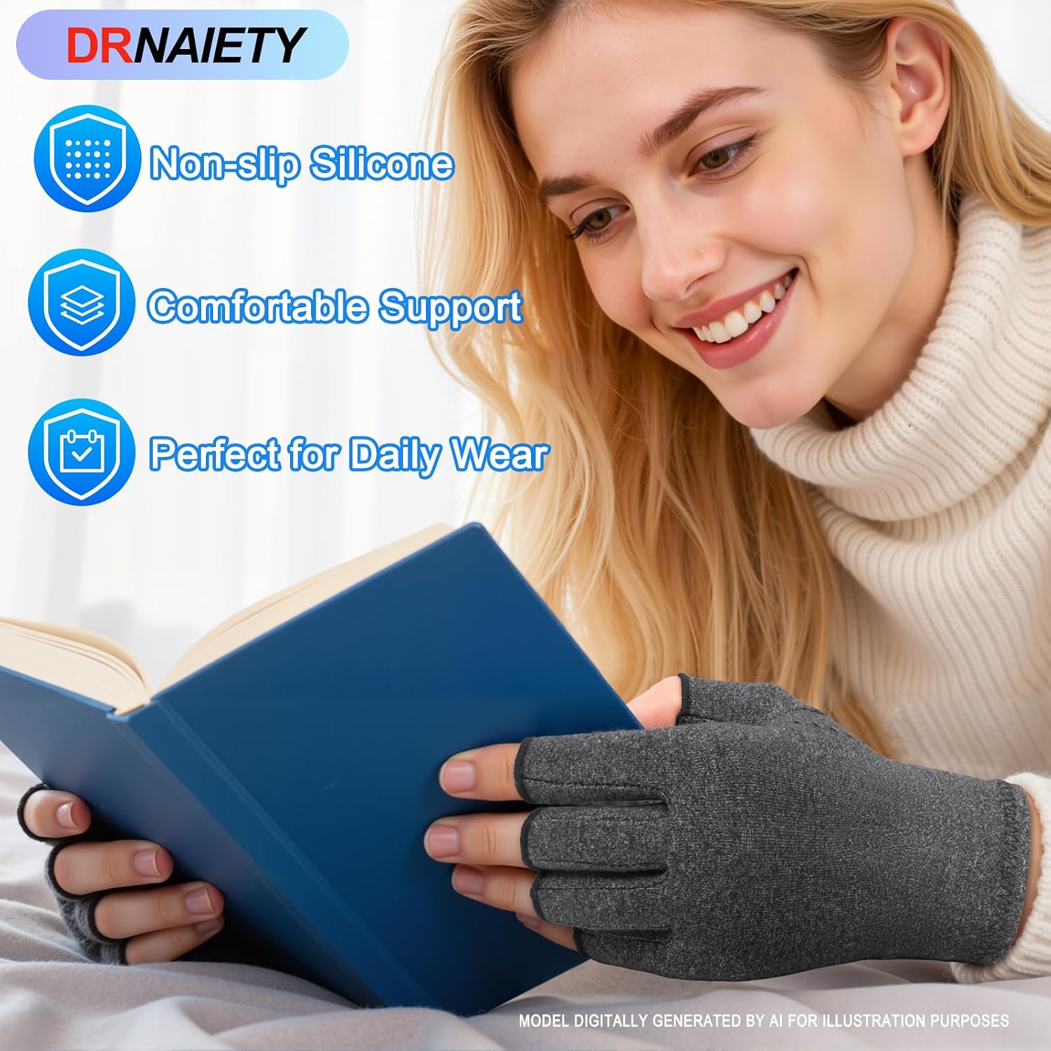 Detalle 1 de DRNAIETY 121212YU Arthritis Compression Gloves, Fingerless, 2 Pairs, Gray