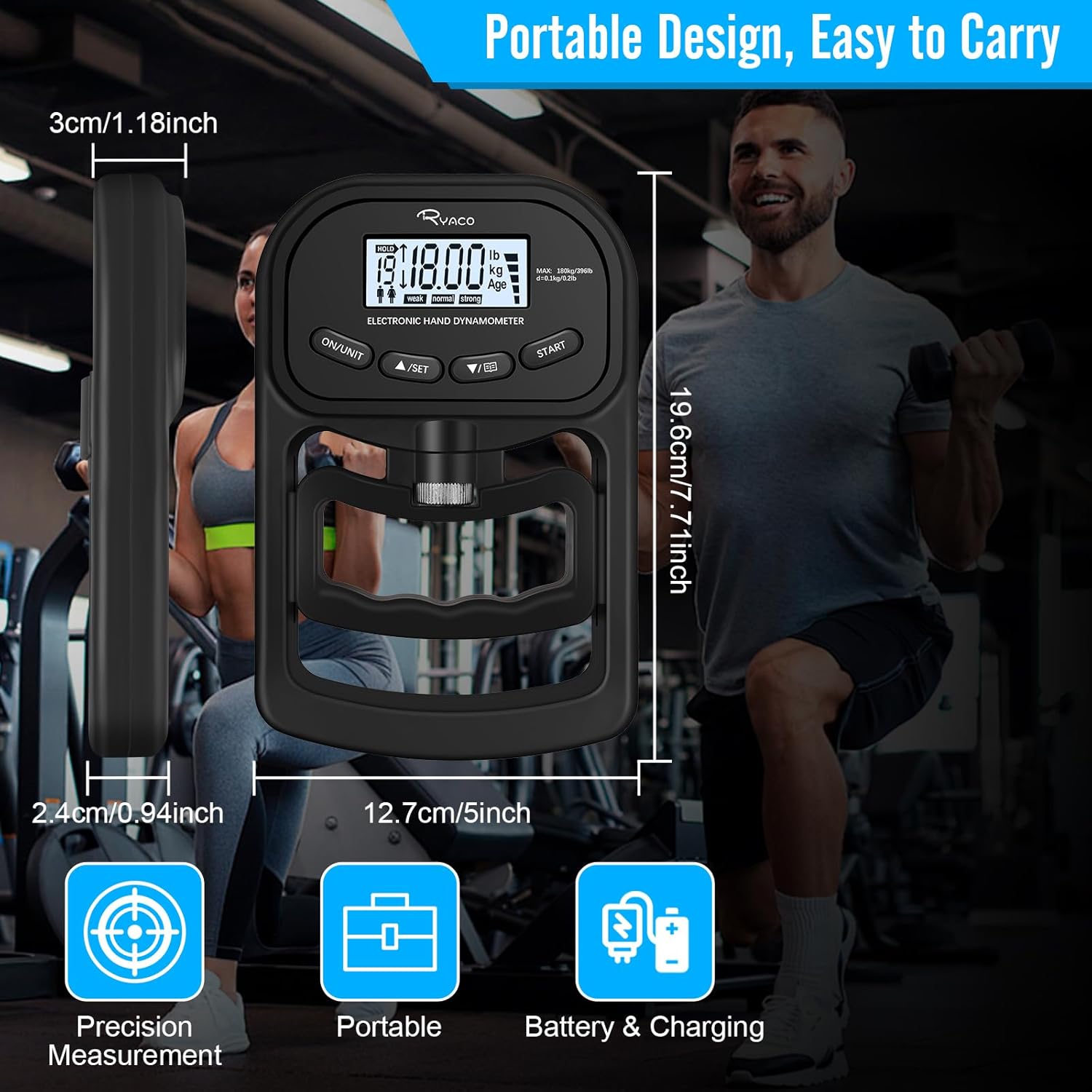 Thumbnail 2 de Ryaco Grip Strength Tester (396lb/180kg) rechargeable digital hand dynamometer with LCD